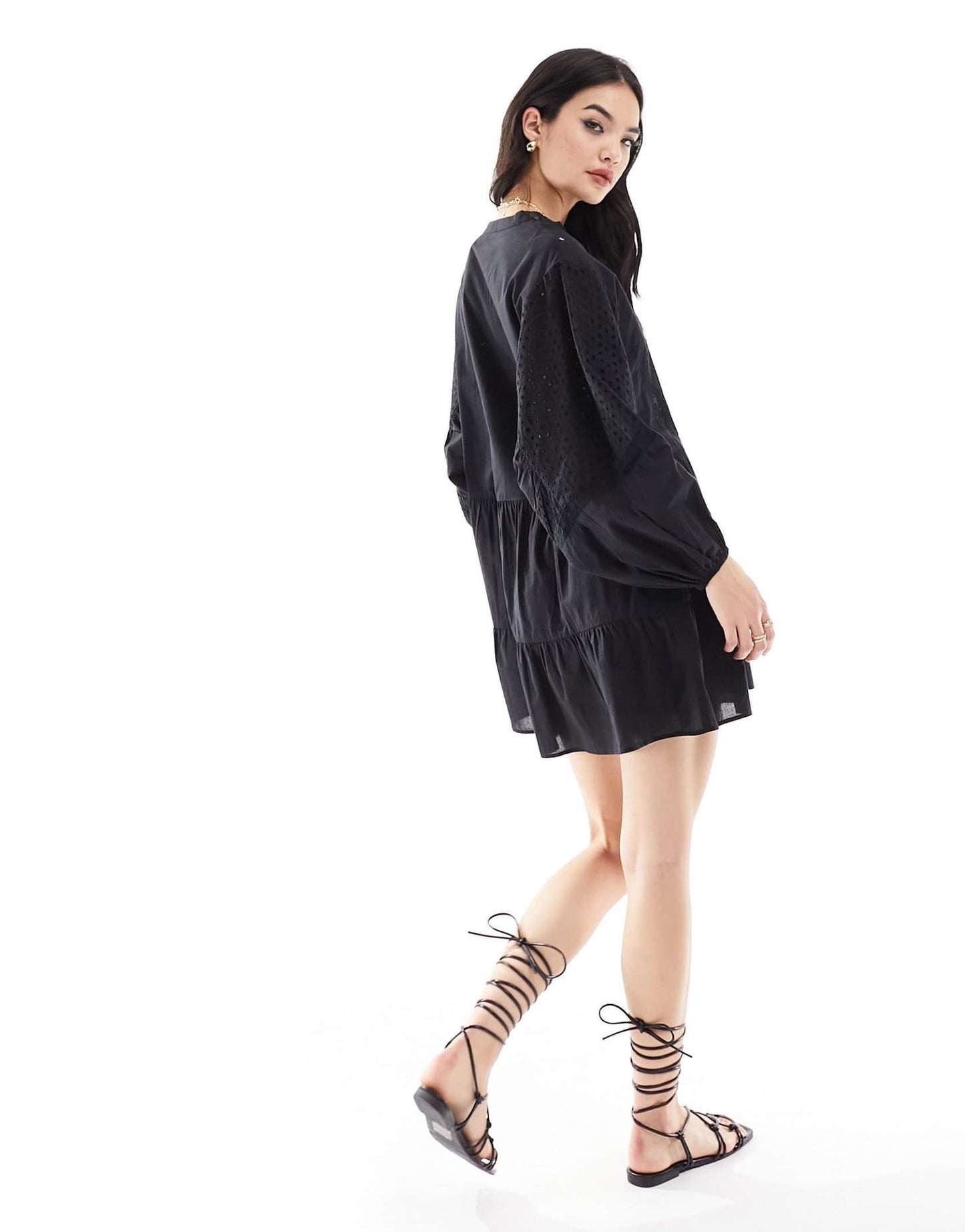IIsla & Bird volume broiderie mini beach summer dress in black - ASOS Sample Sale