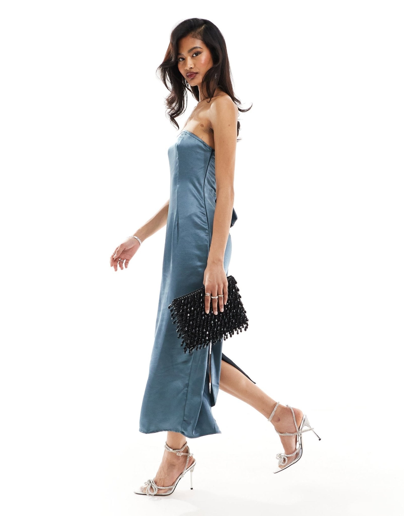 In The Style bandeau satin bow detail midi dress in slate grey - ASOS Sample Sale