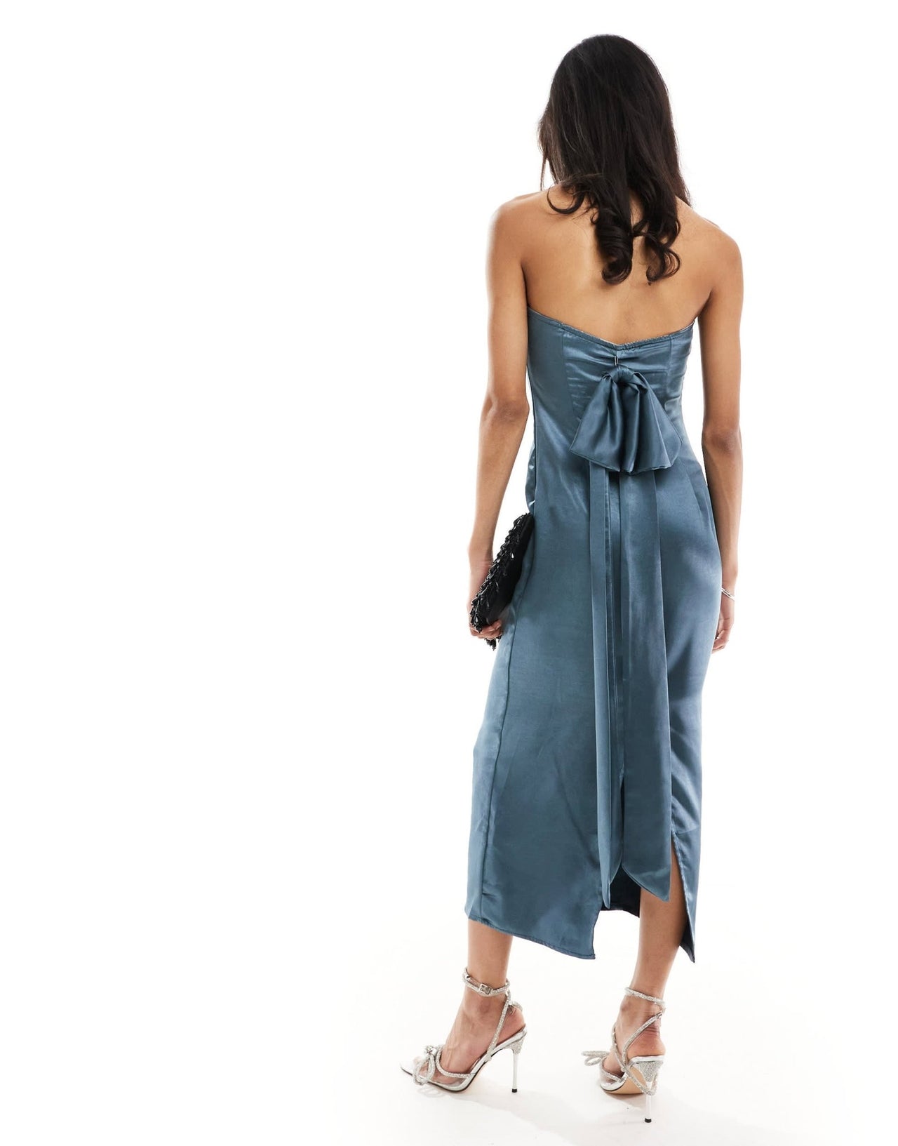 In The Style bandeau satin bow detail midi dress in slate grey - ASOS Sample Sale