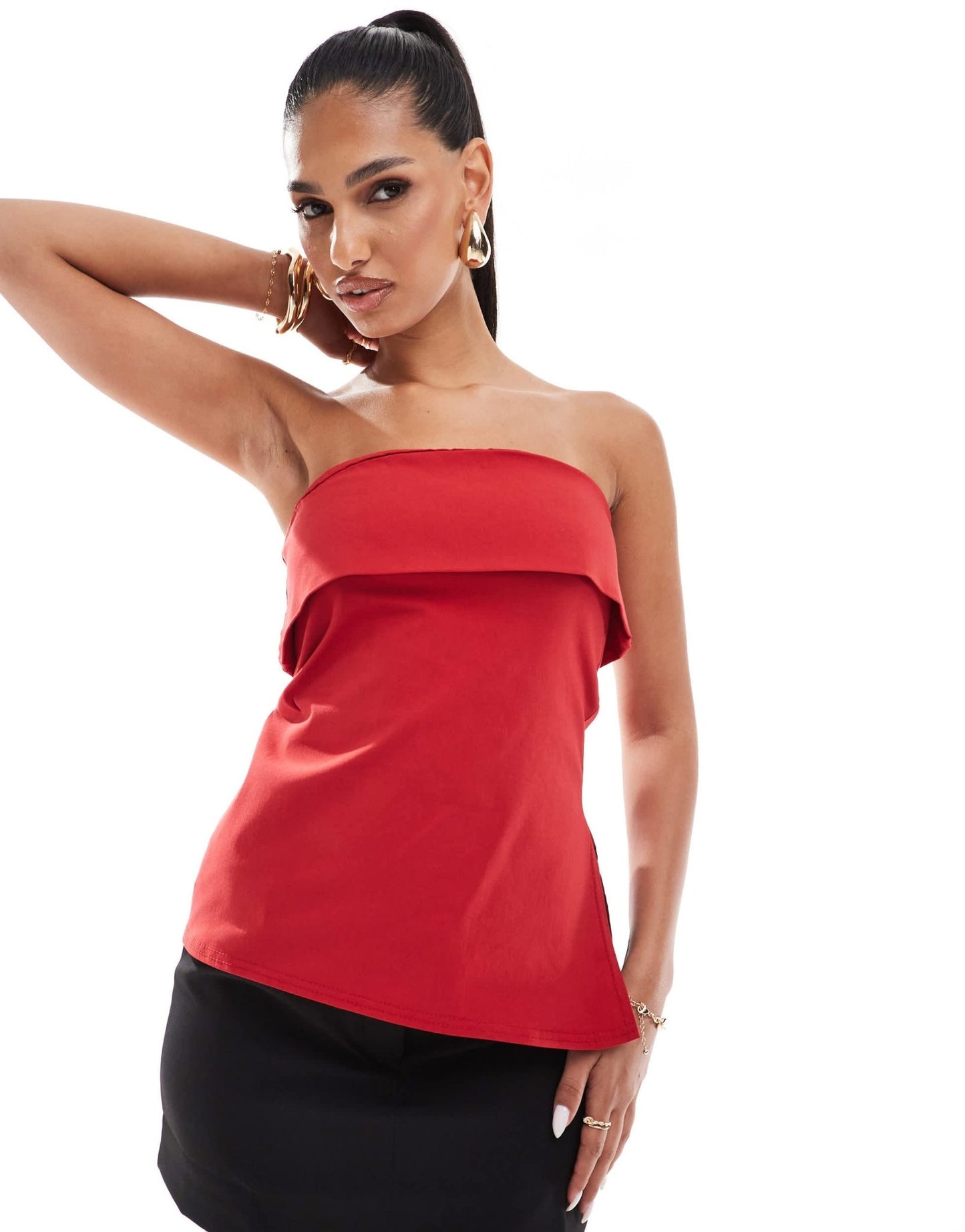 In The Style bengaline foldover bandeau longline top in red - ASOS Sample Sale