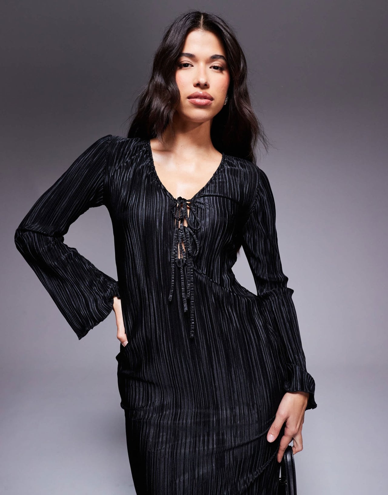 In The Style exclusive tie front plisse maxi dress in black - ASOS Sample Sale