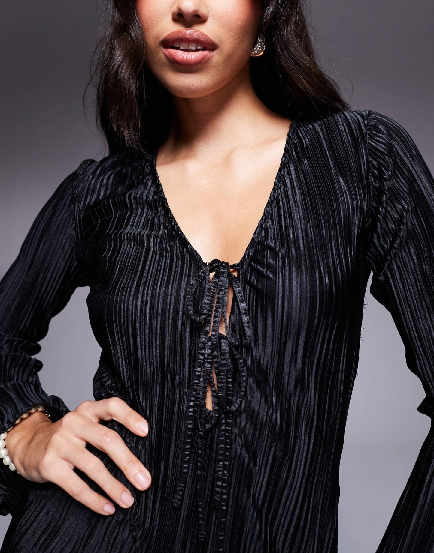 In The Style exclusive tie front plisse maxi dress in black - ASOS Sample Sale