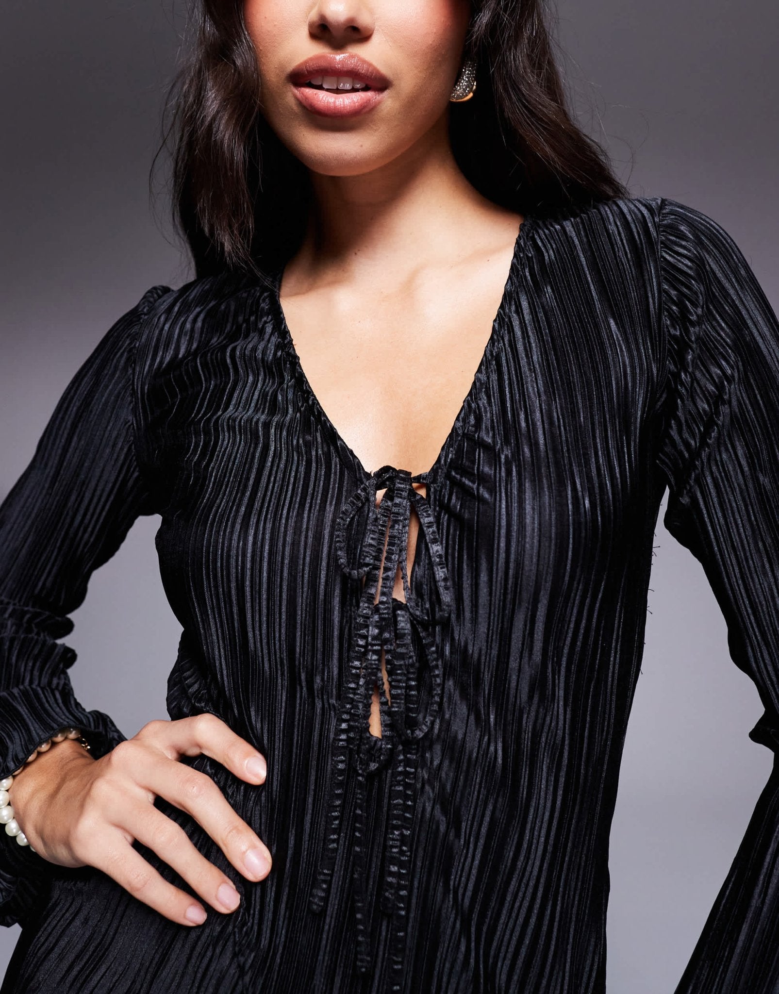 In The Style exclusive tie front plisse maxi dress in black - ASOS Sample Sale