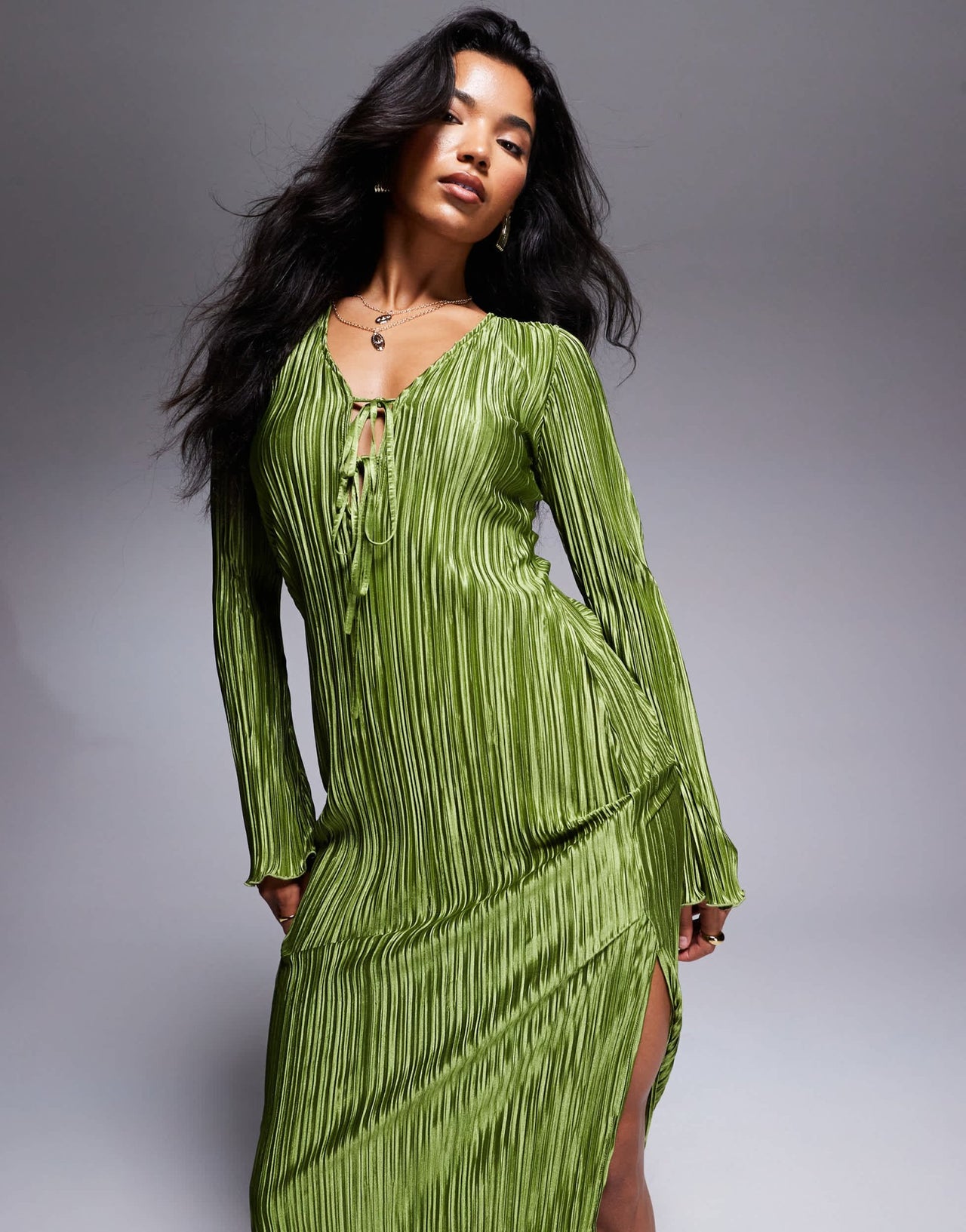 In The Style exclusive tie front plisse maxi dress in khaki - ASOS Sample Sale