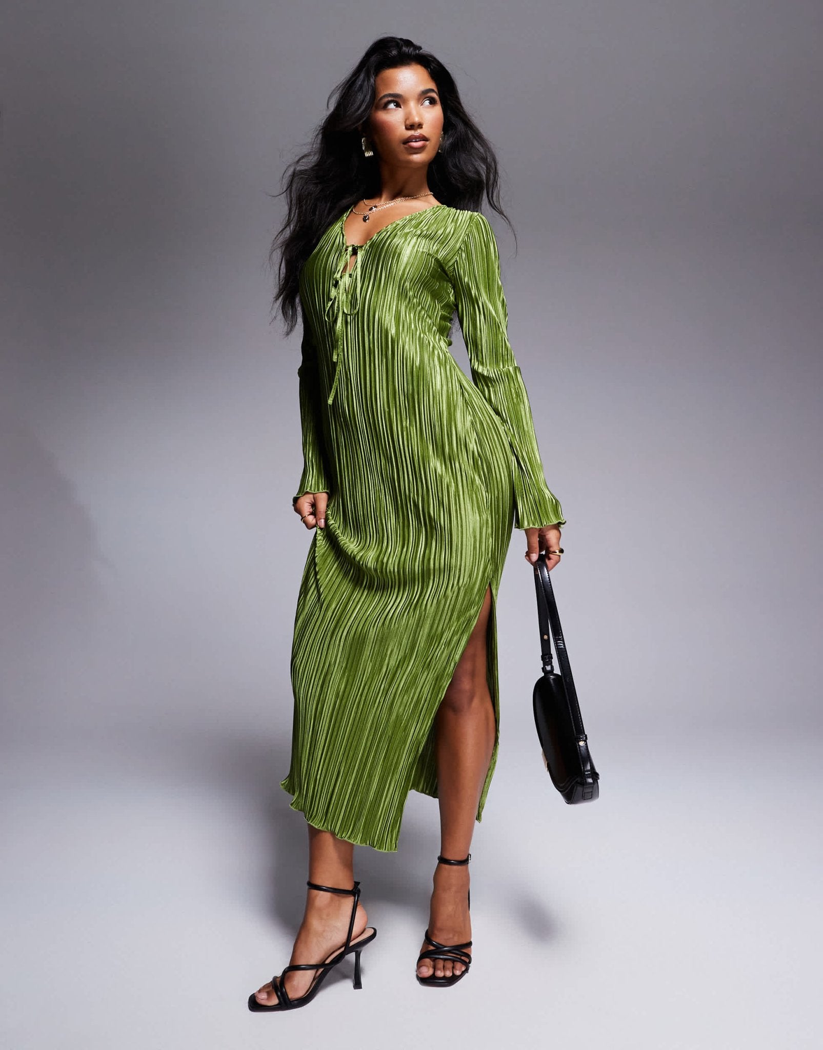 In The Style exclusive tie front plisse maxi dress in khaki - ASOS Sample Sale