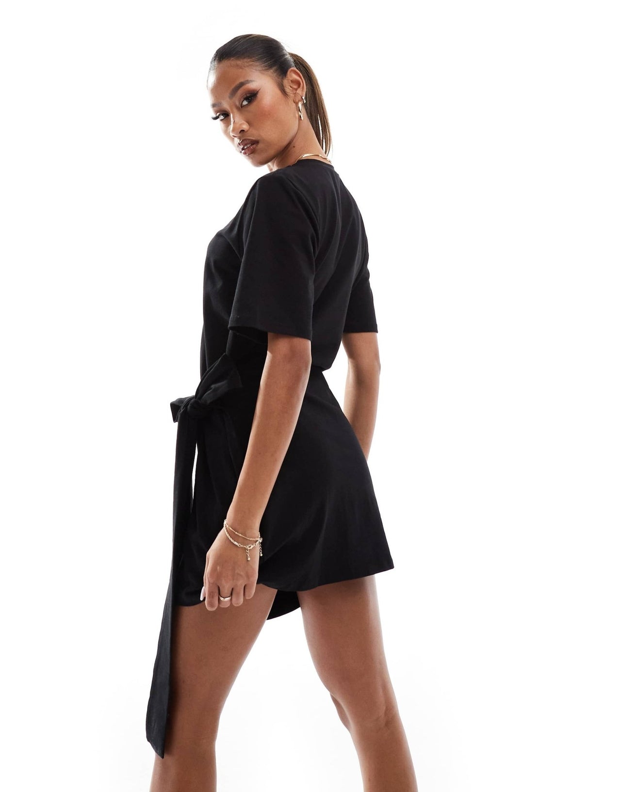 In The Style exclusive wrap tie side mini t-shirt dress in black - ASOS Sample Sale