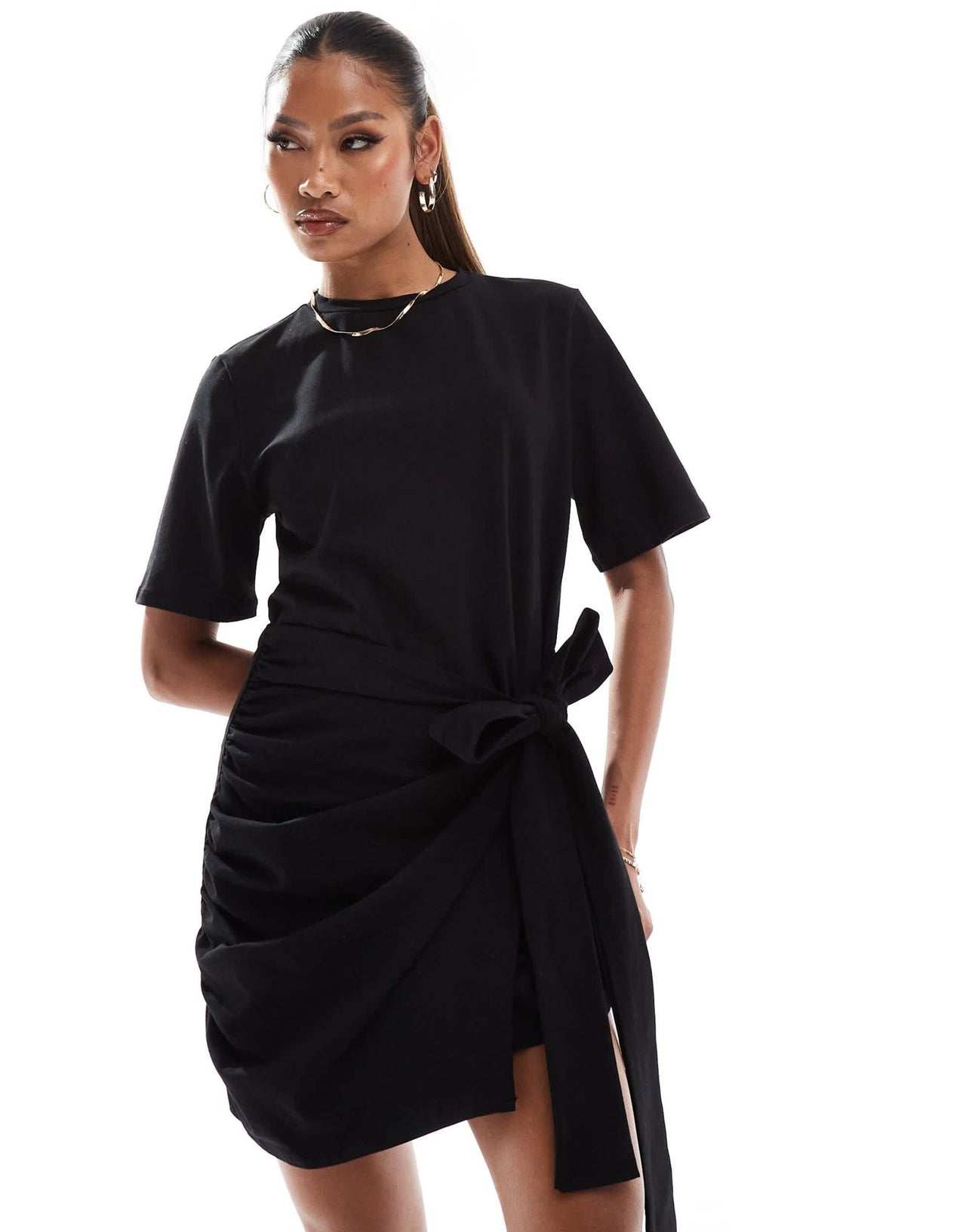 In The Style exclusive wrap tie side mini t-shirt dress in black - ASOS Sample Sale