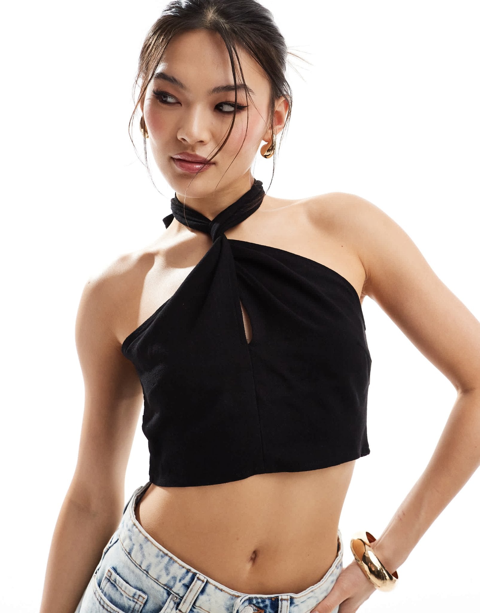 In The Style halterneck wrap front crop top in black - ASOS Sample Sale
