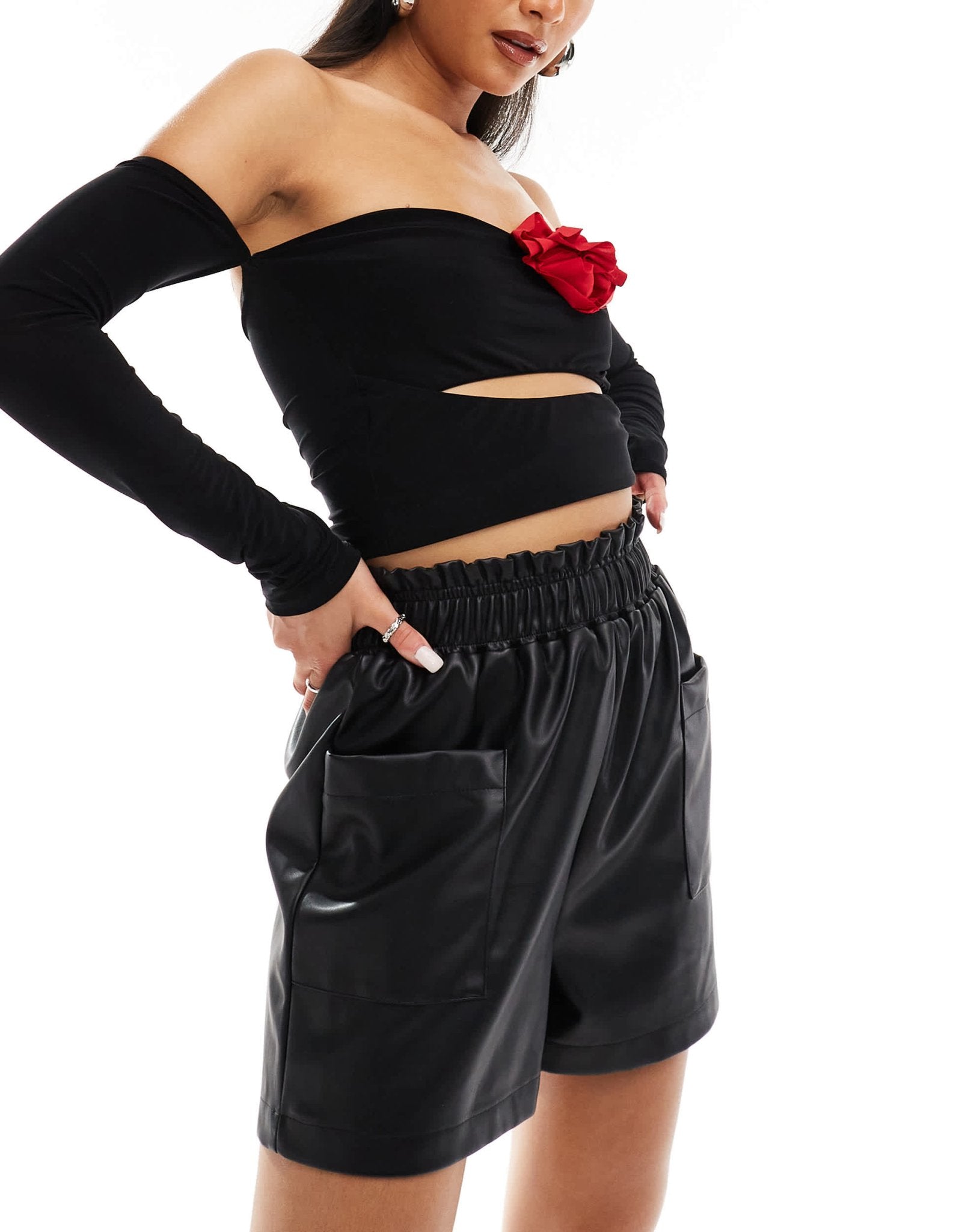 In The Style leather look stretch waist shorts in black - ASOS Sample Sale