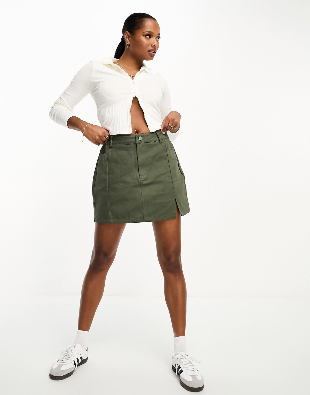 In The Style Petite exclusive split hem denim mini skirt in khaki - ASOS Sample Sale