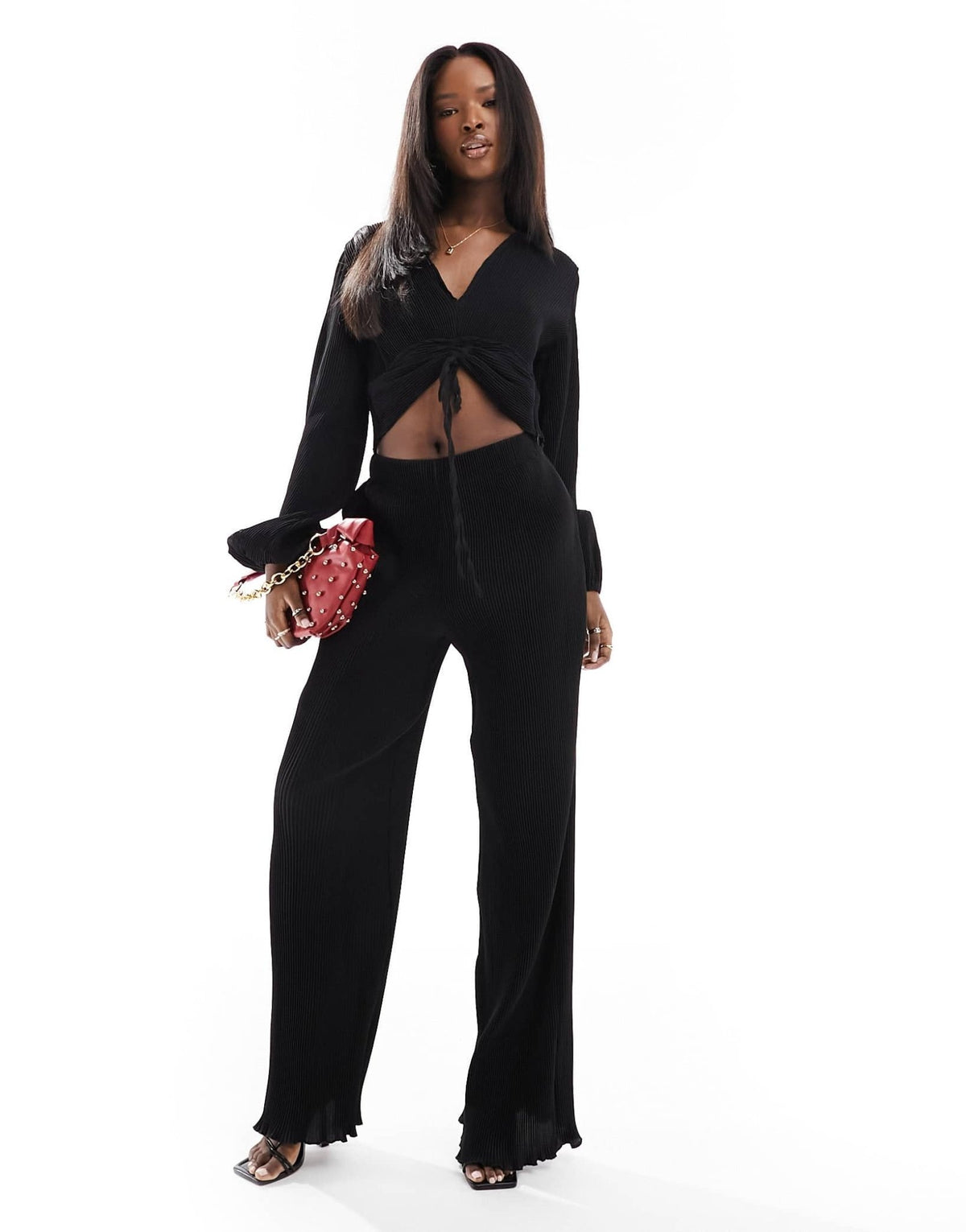 In The Style plisse wide leg trouser co - ord in black - ASOS Sample Sale