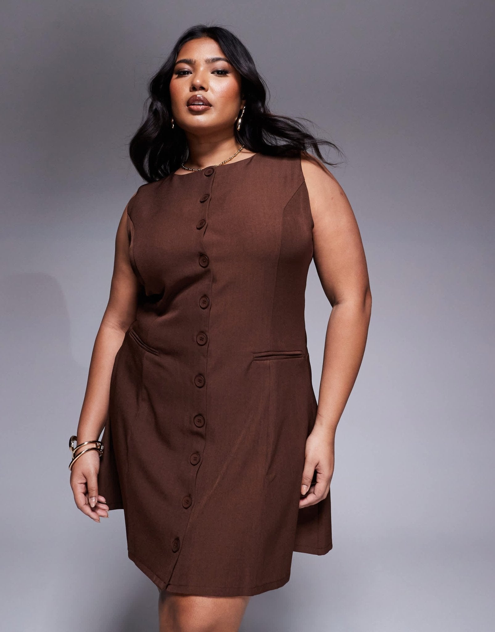 In The Style Plus x Natalya Wright exclusive tailored button down mini dress in chocolate - ASOS Sample Sale