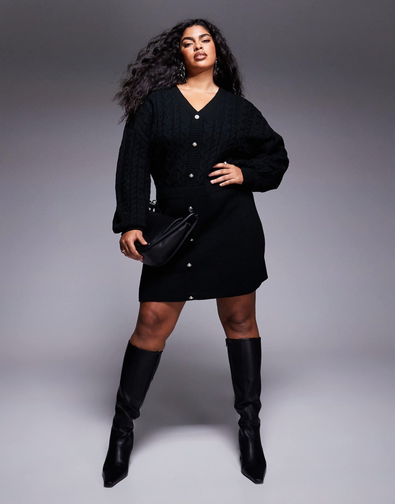 In The Style Plus x Perrie Sian cable knit v neck diamante button mini dress in black - ASOS Sample Sale