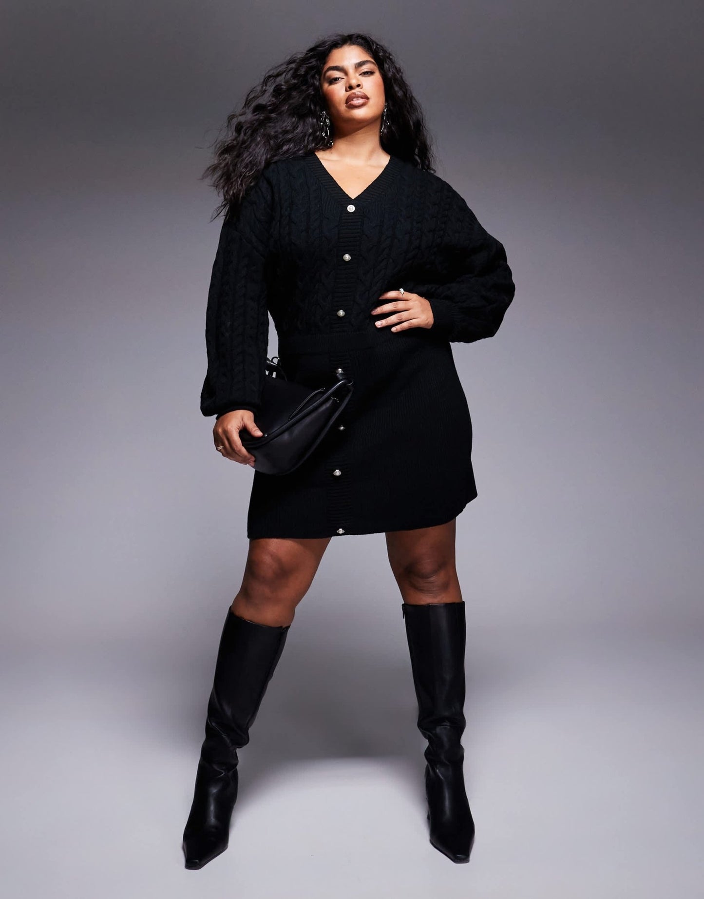 In The Style Plus x Perrie Sian cable knit v neck diamante button mini dress in black - ASOS Sample Sale