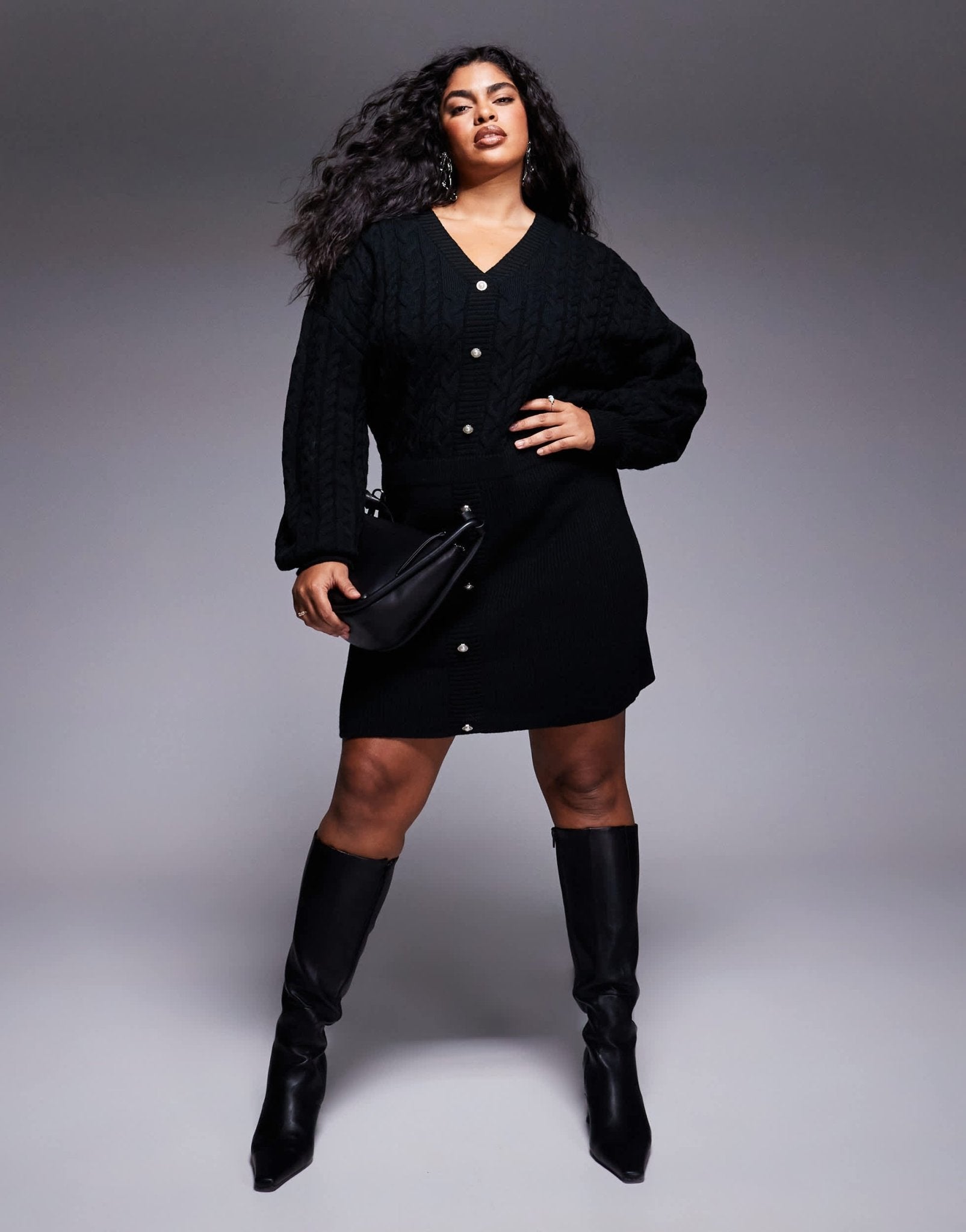 In The Style Plus x Perrie Sian cable knit v neck diamante button mini dress in black - ASOS Sample Sale