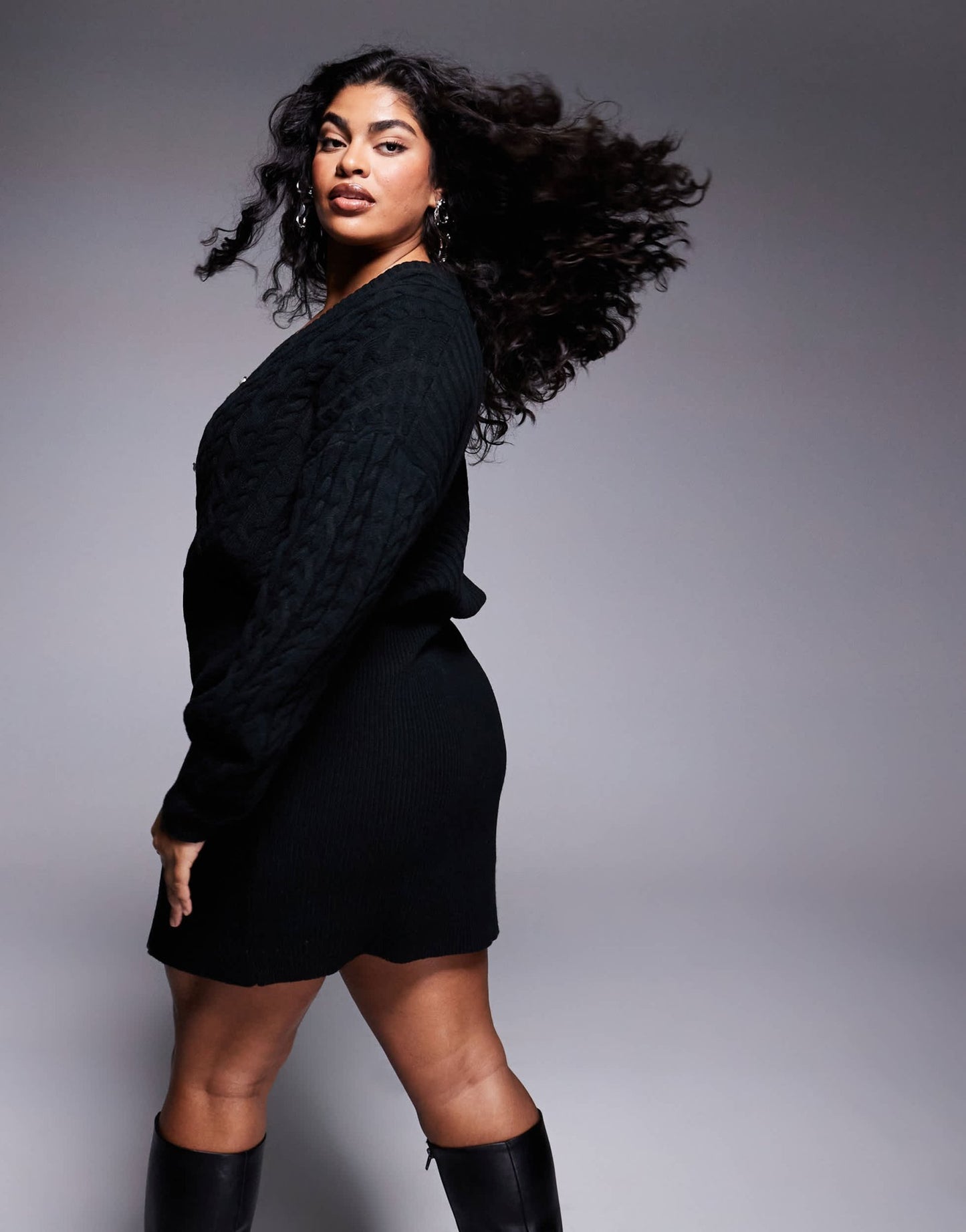 In The Style Plus x Perrie Sian cable knit v neck diamante button mini dress in black - ASOS Sample Sale