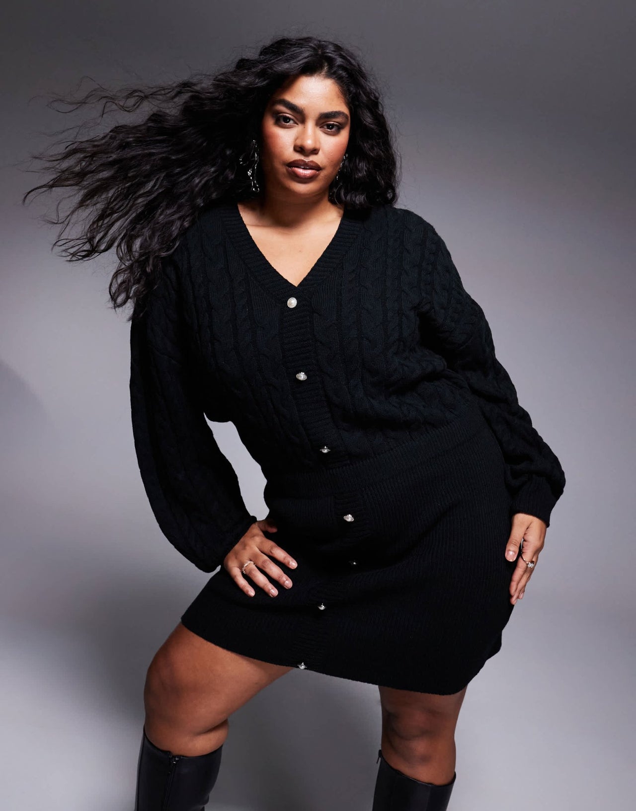 In The Style Plus x Perrie Sian cable knit v neck diamante button mini dress in black - ASOS Sample Sale