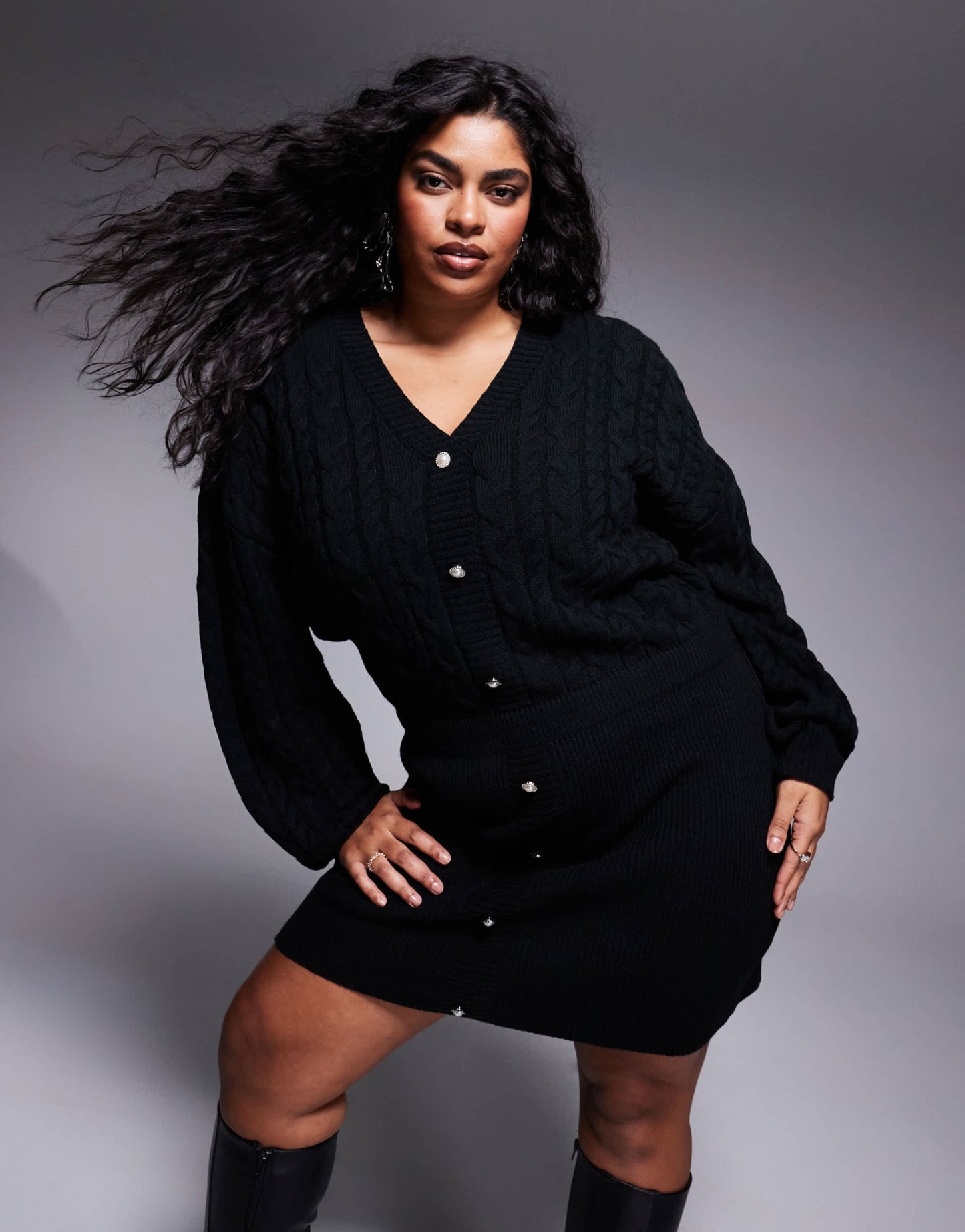 In The Style Plus x Perrie Sian cable knit v neck diamante button mini dress in black - ASOS Sample Sale