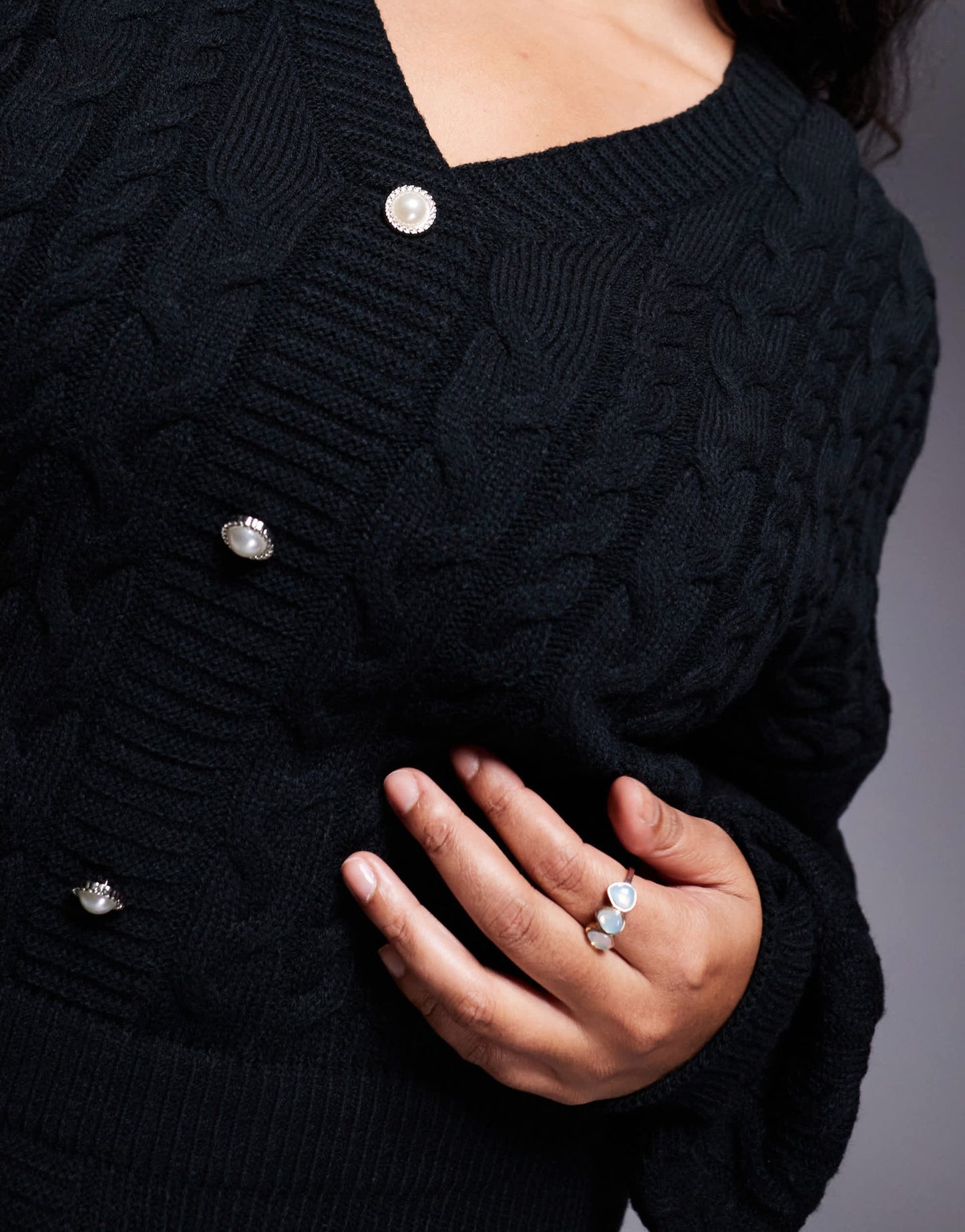 In The Style Plus x Perrie Sian cable knit v neck diamante button mini dress in black - ASOS Sample Sale