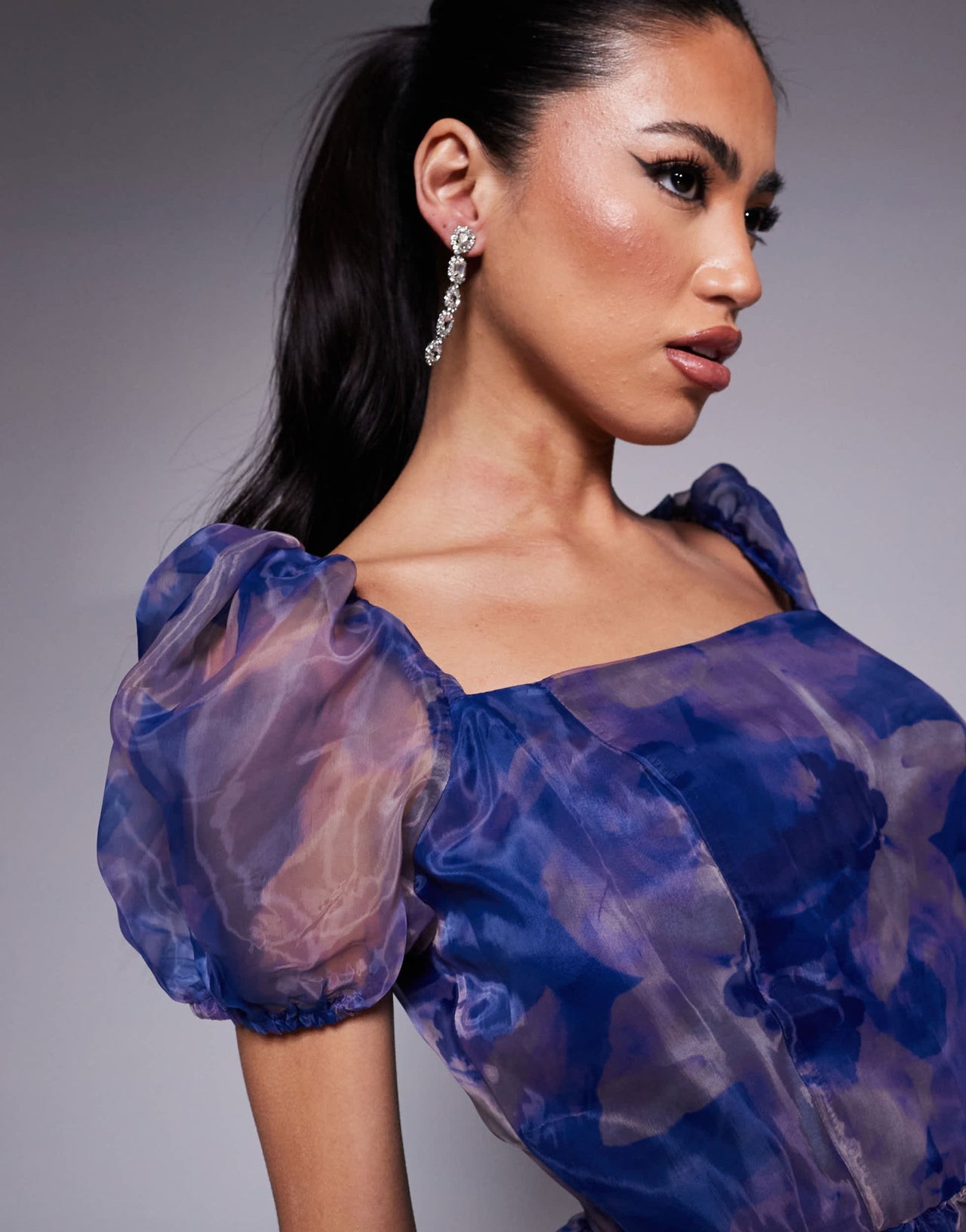 In The Style puff sleeve organza mini dress in purple print - ASOS Sample Sale