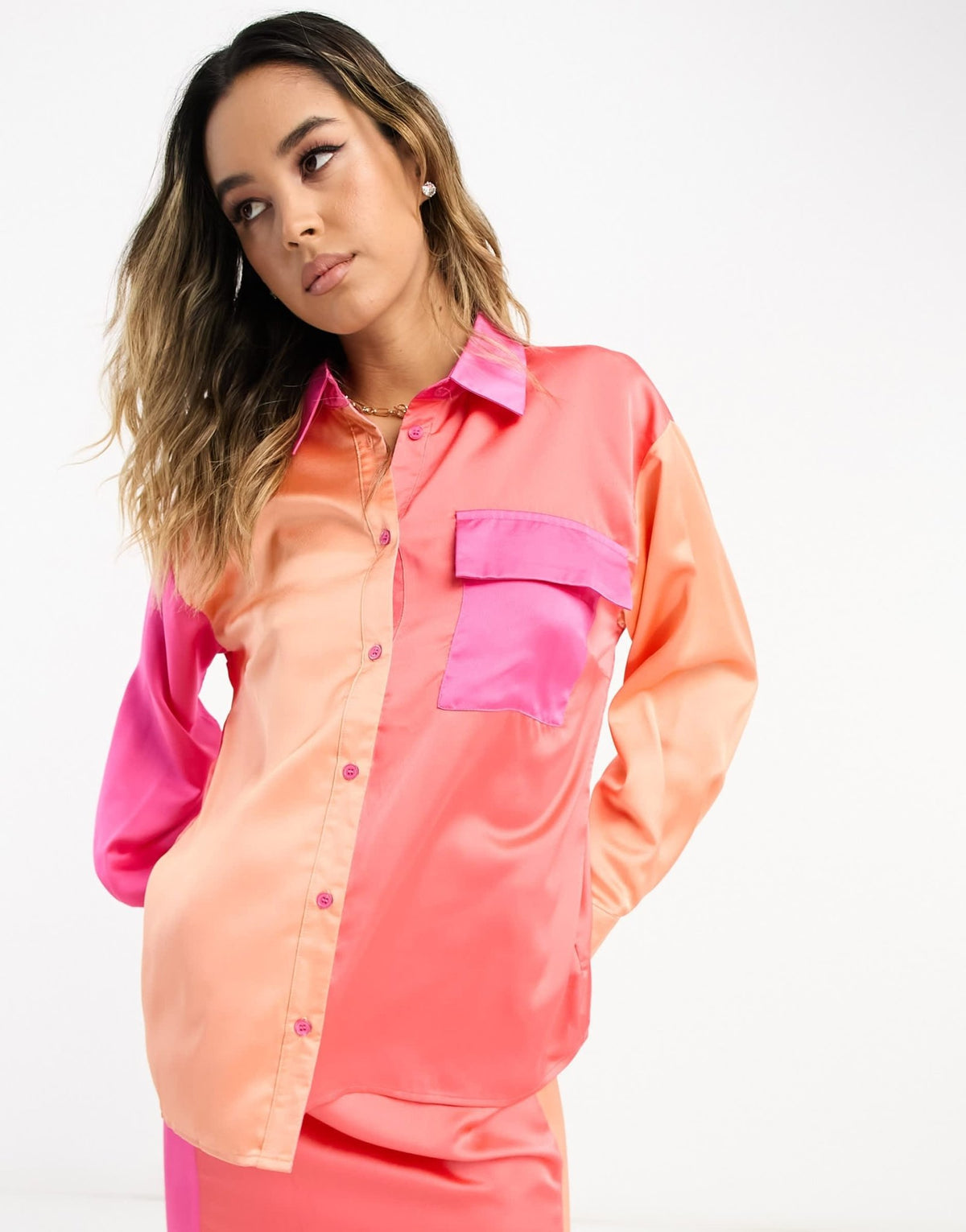 In The Style satin contrast shirt co - ord in multi - ASOS Sample Sale