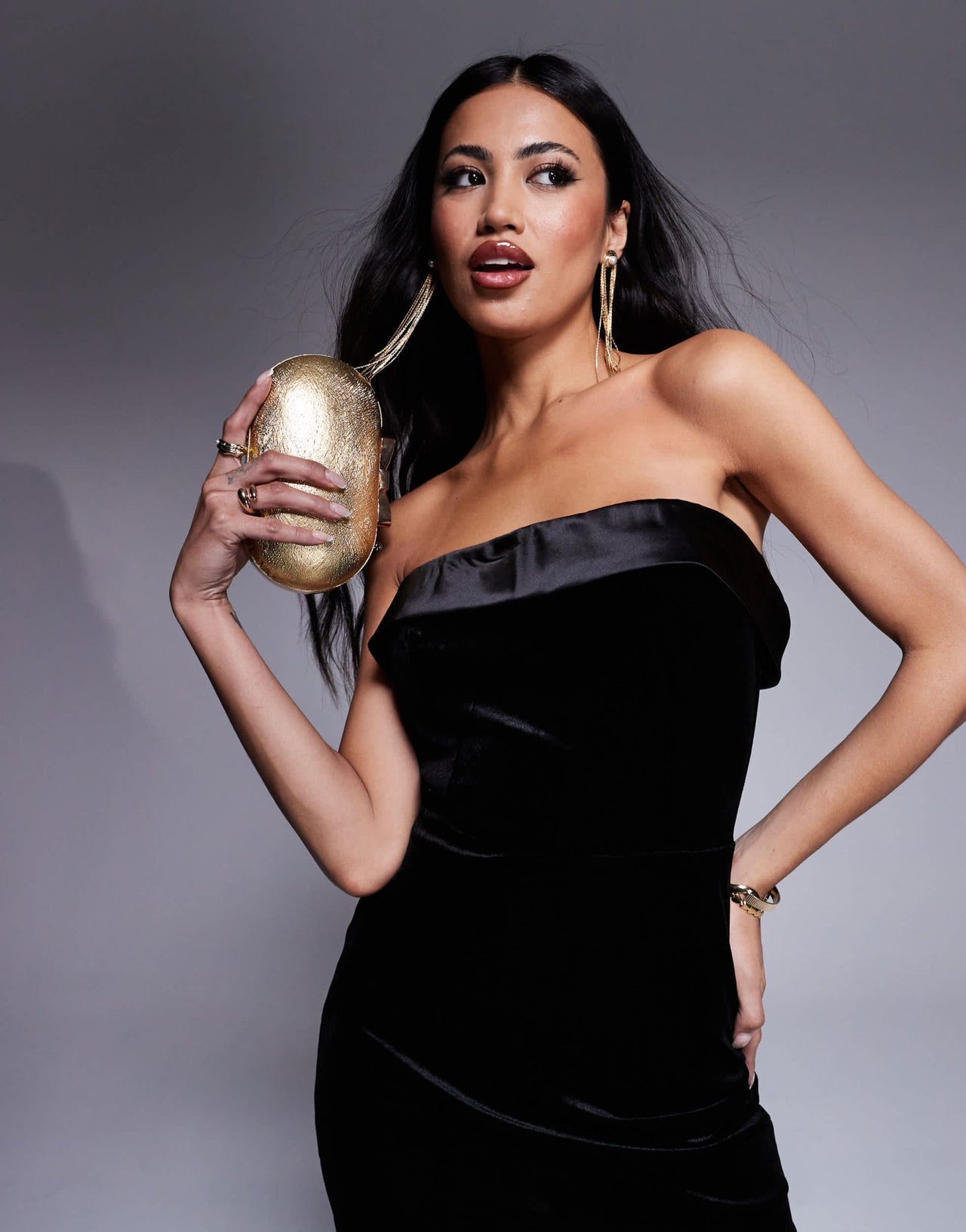 In The Style velvet bandeau midi dress with contrast satin foldover detail in black - ASOS Sample Sale