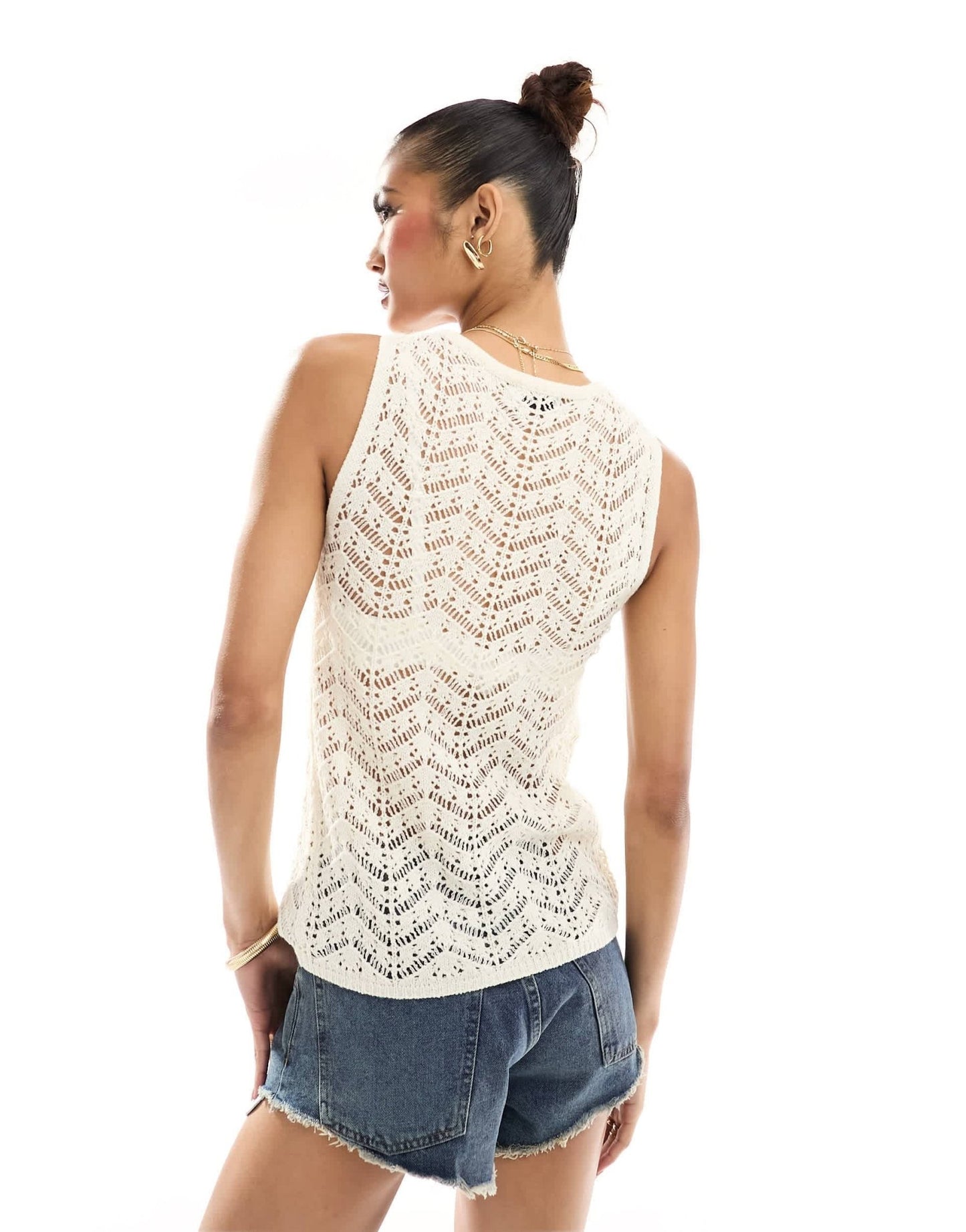 In The Style x Hannah Brown crochet tie front waistcoat in cream - ASOS Sample Sale
