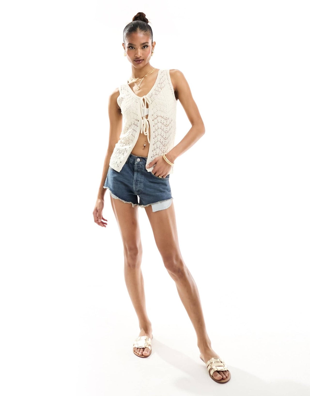 In The Style x Hannah Brown crochet tie front waistcoat in cream - ASOS Sample Sale