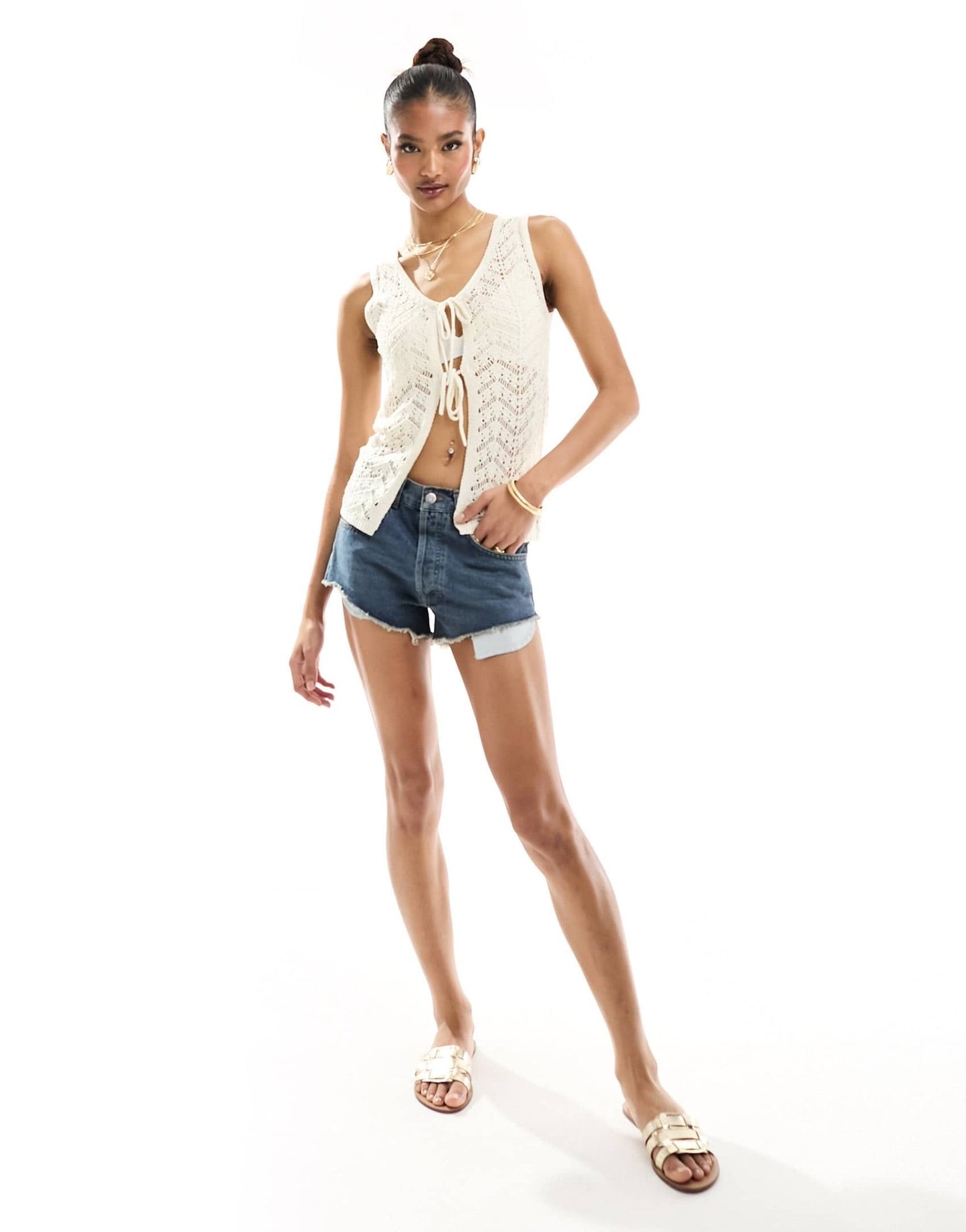 In The Style x Hannah Brown crochet tie front waistcoat in cream - ASOS Sample Sale