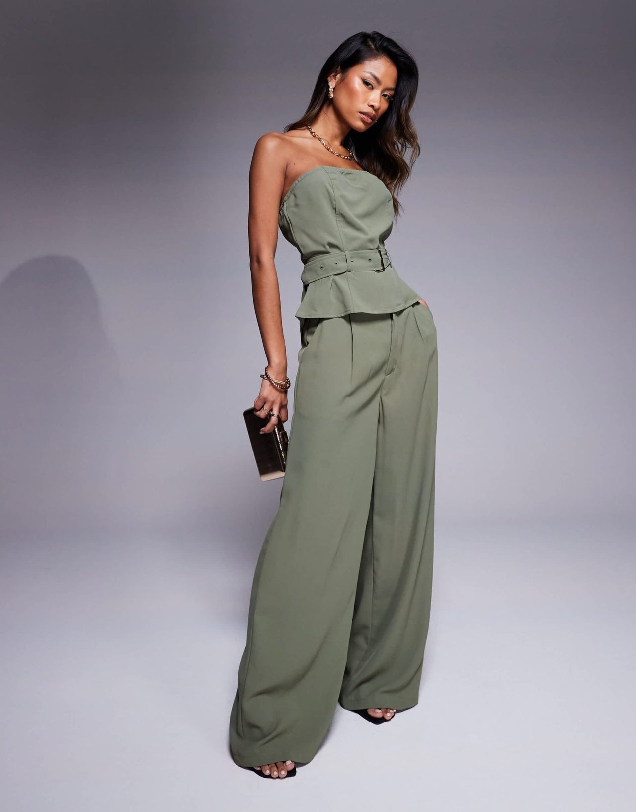 In The Style x Natalya Wright exclusive tailored bandeau belted top co - ord in khaki - ASOS Sample Sale