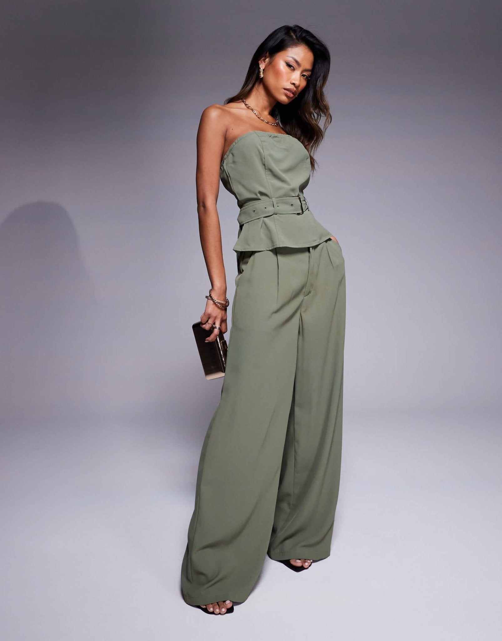 In The Style x Natalya Wright exclusive tailored bandeau belted top co - ord in khaki - ASOS Sample Sale