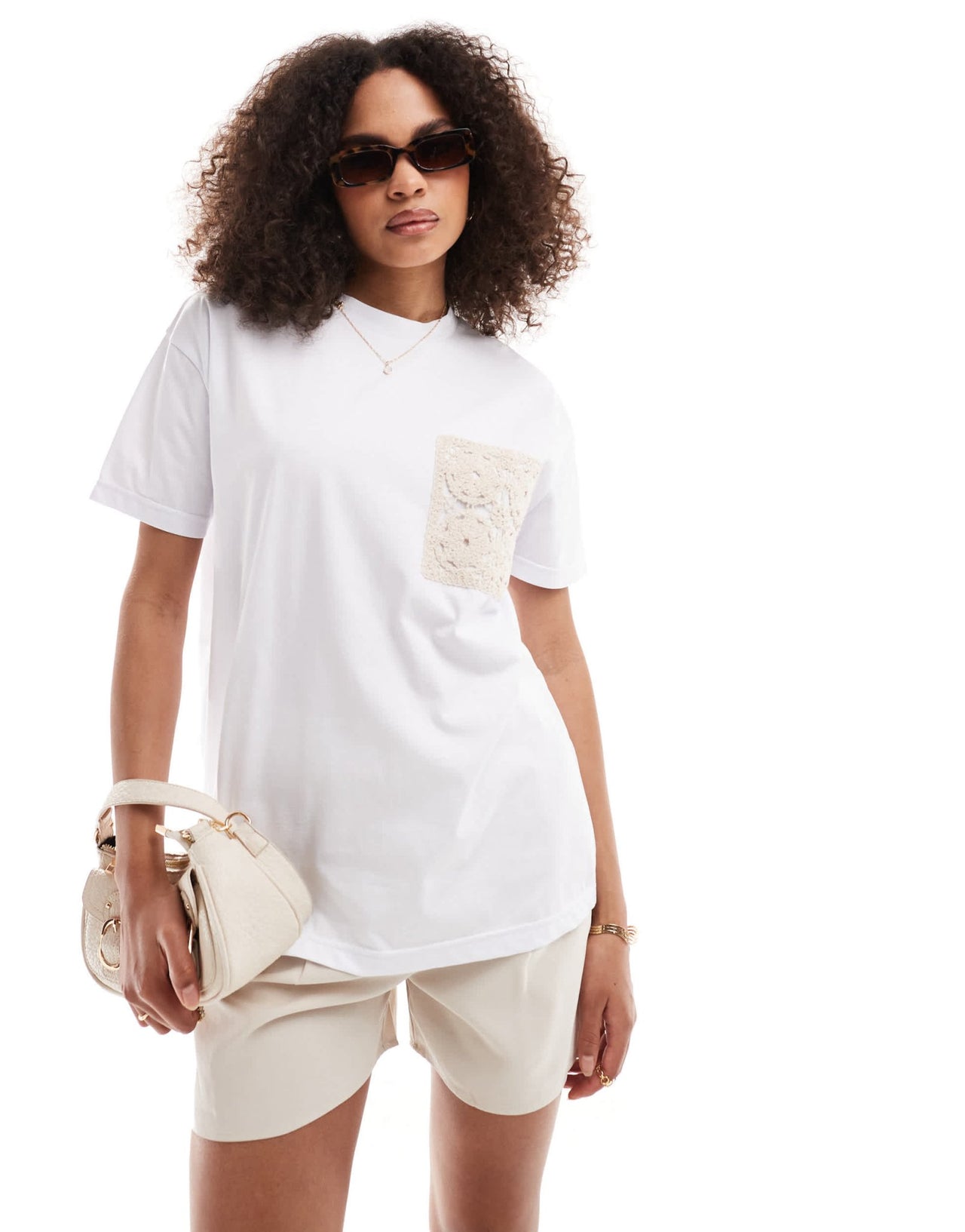 In The Style x Perrie Sian crochet pocket detail t-shirt in white - ASOS Sample Sale