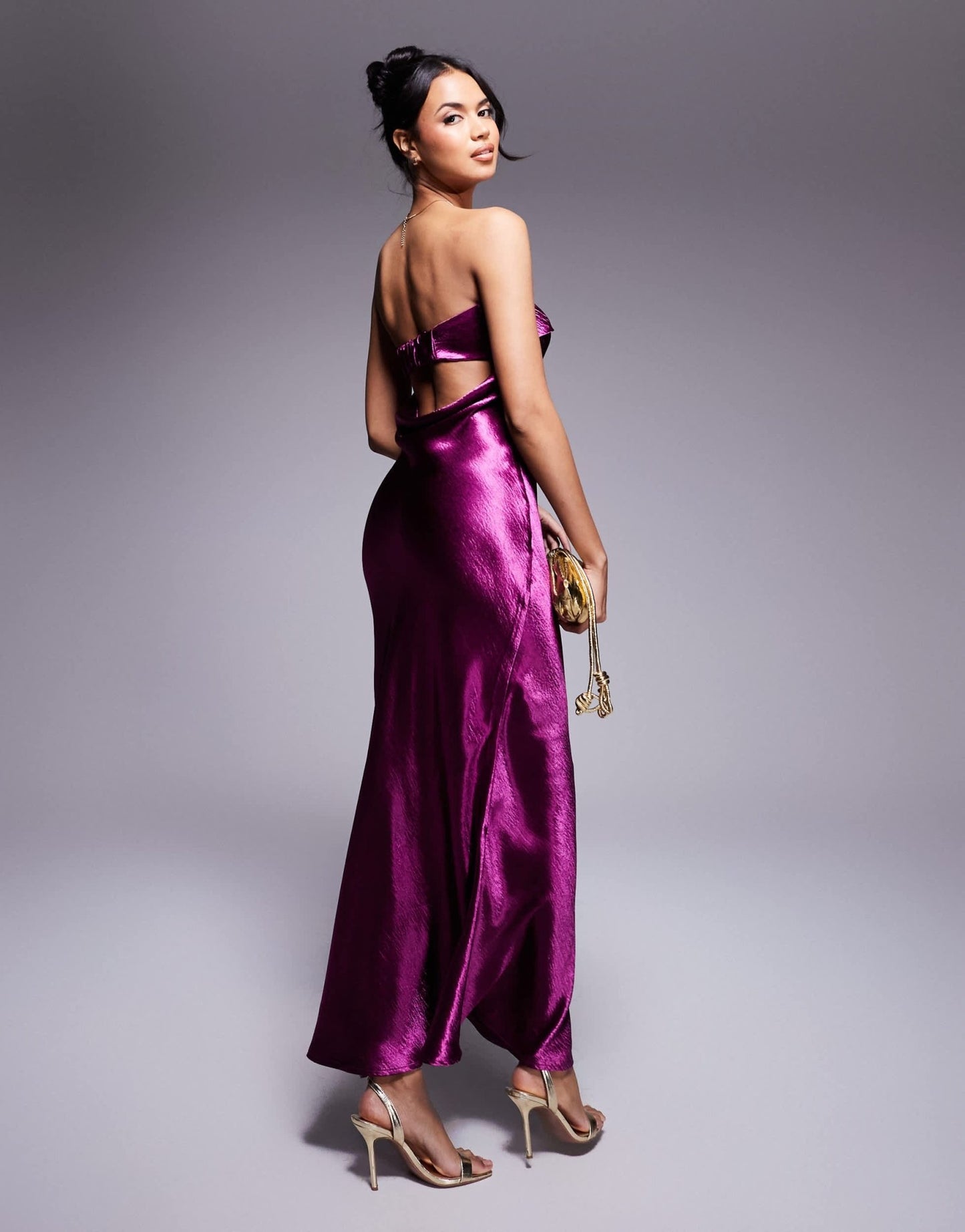 In The Style x Perrie Sian exclusive bandeau liquid satin midi dress in plum - ASOS Sample Sale