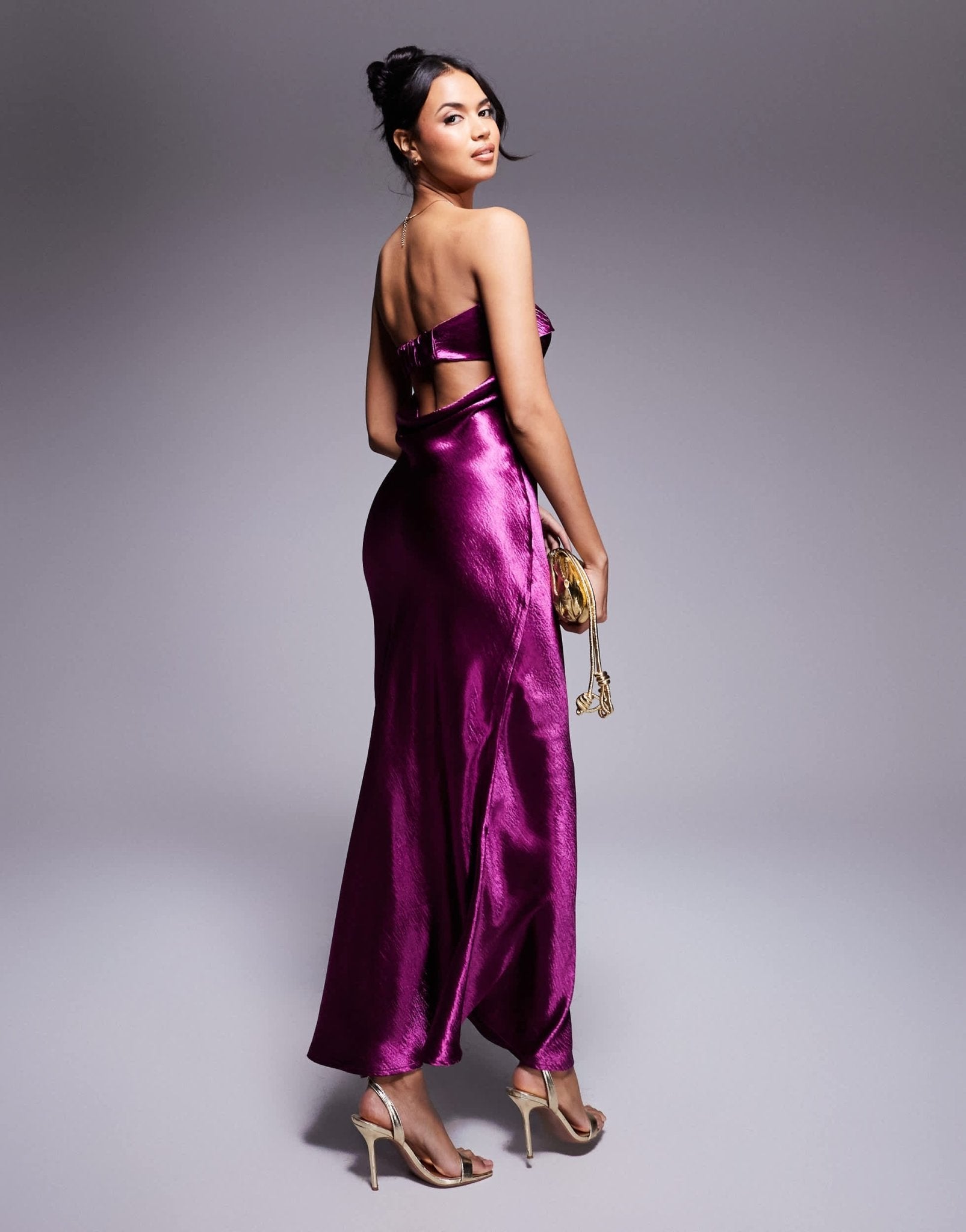 In The Style x Perrie Sian exclusive bandeau liquid satin midi dress in plum - ASOS Sample Sale