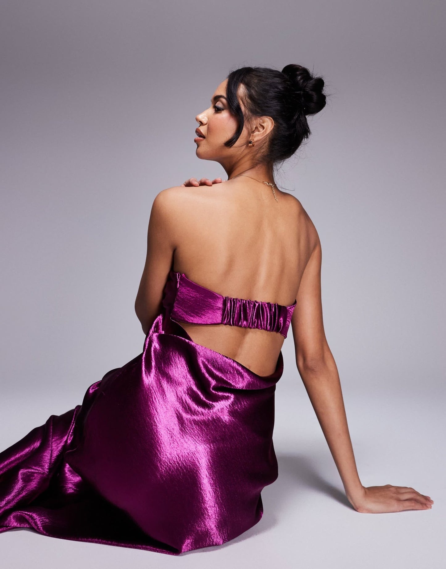 In The Style x Perrie Sian exclusive bandeau liquid satin midi dress in plum - ASOS Sample Sale