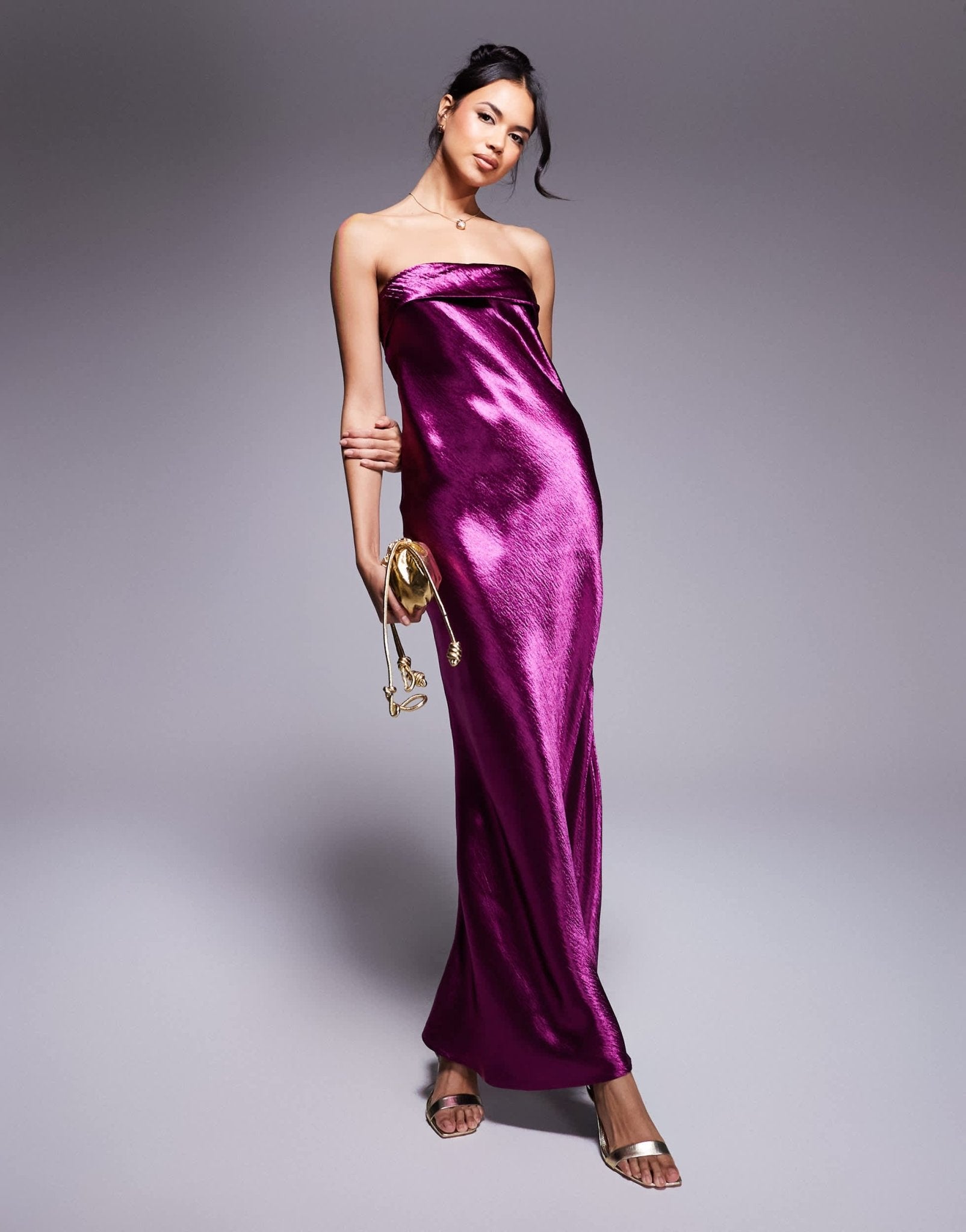 In The Style x Perrie Sian exclusive bandeau liquid satin midi dress in plum - ASOS Sample Sale