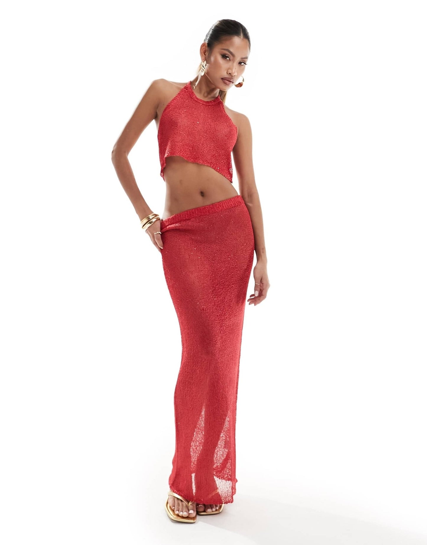 In The Style x Perrie Sian exclusive fine knit sequin halterneck crop top co - ord in red - ASOS Sample Sale