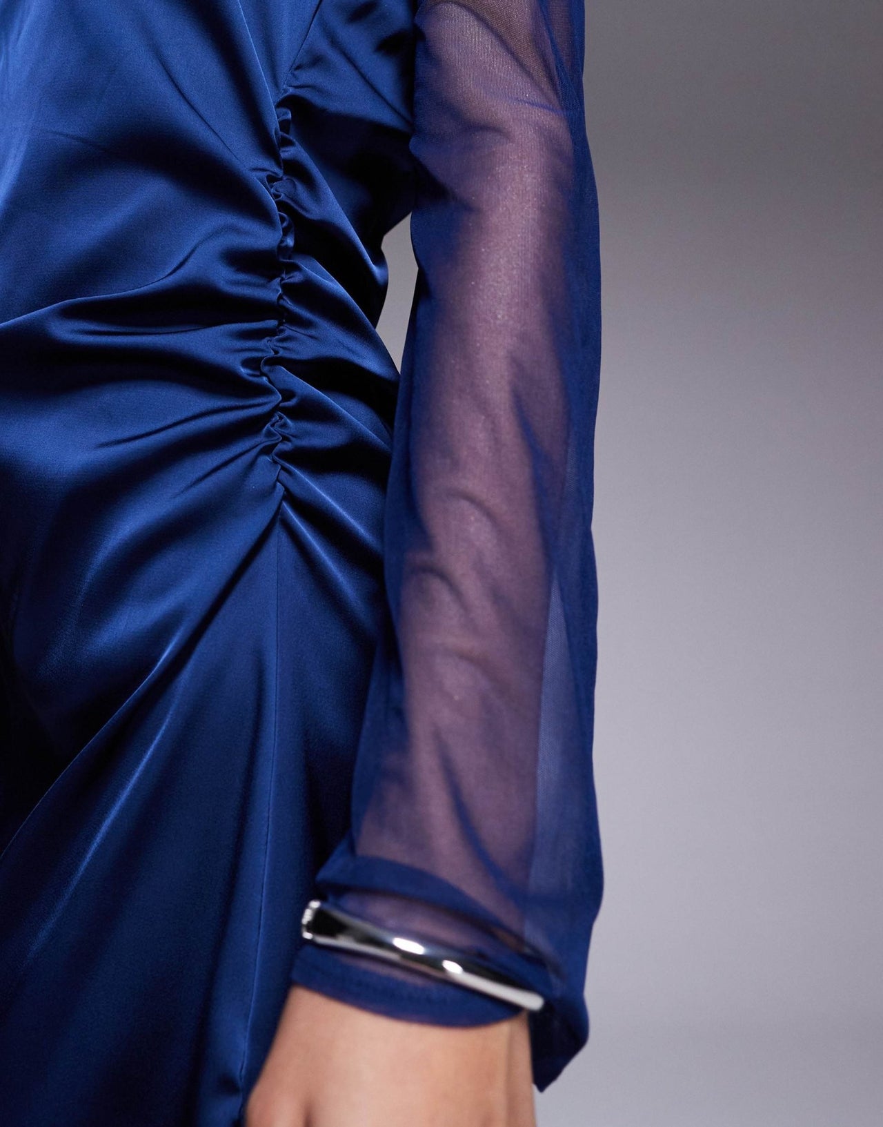 In The Style x Perrie Sian exclusive high neck flared sheer sleeve cutout satin mini dress in navy - ASOS Sample Sale