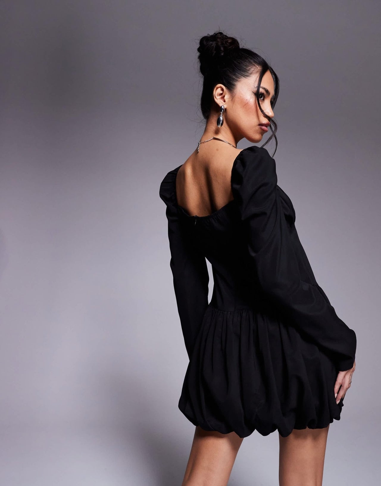 In The Style x Perrie Sian exclusive long sleeve puffball mini dress in black - ASOS Sample Sale