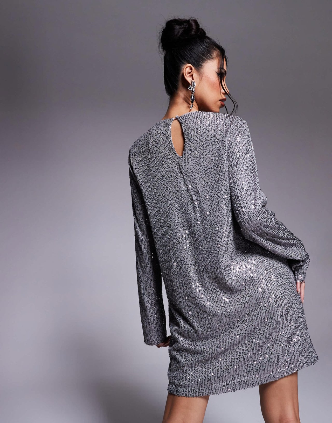 In The Style x Perrie Sian exclusive long sleeve shift sequin split hem mini dress in silver - ASOS Sample Sale