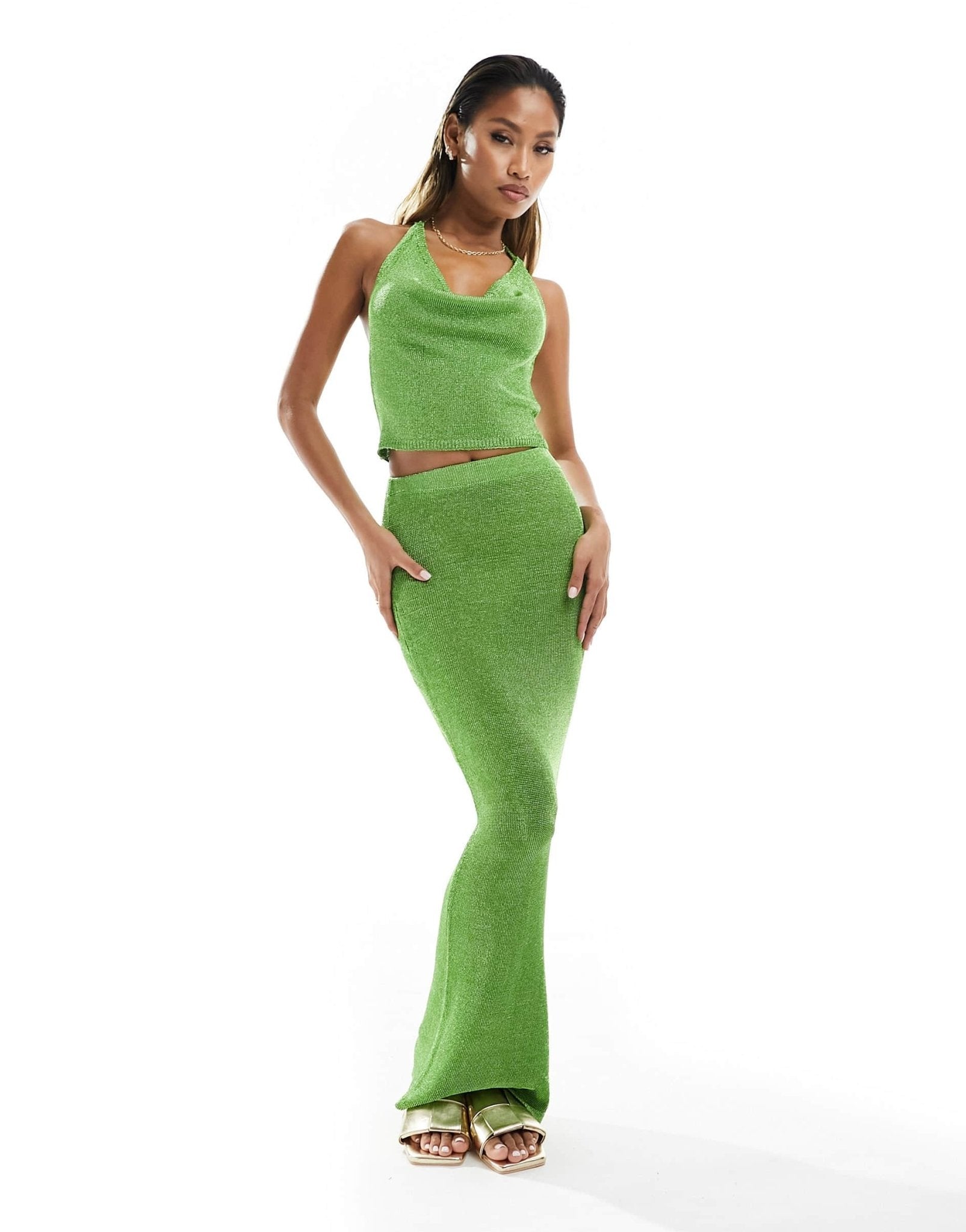 In The Style x Perrie Sian metallic knitted maxi skirt co - ord in green - ASOS Sample Sale