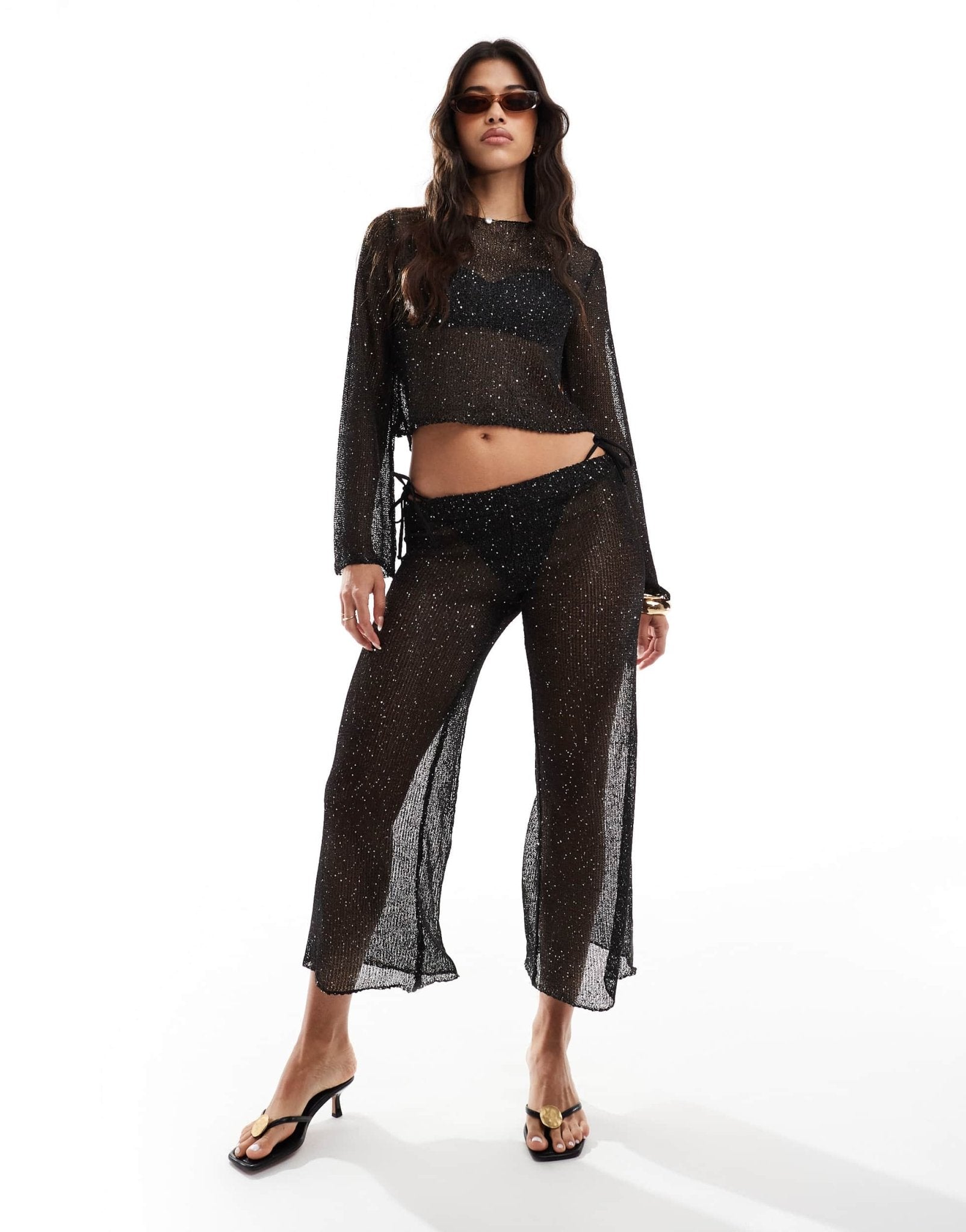 In The Style x Perrie Sian sequin crochet wide leg beach trousers co - ord in black - ASOS Sample Sale
