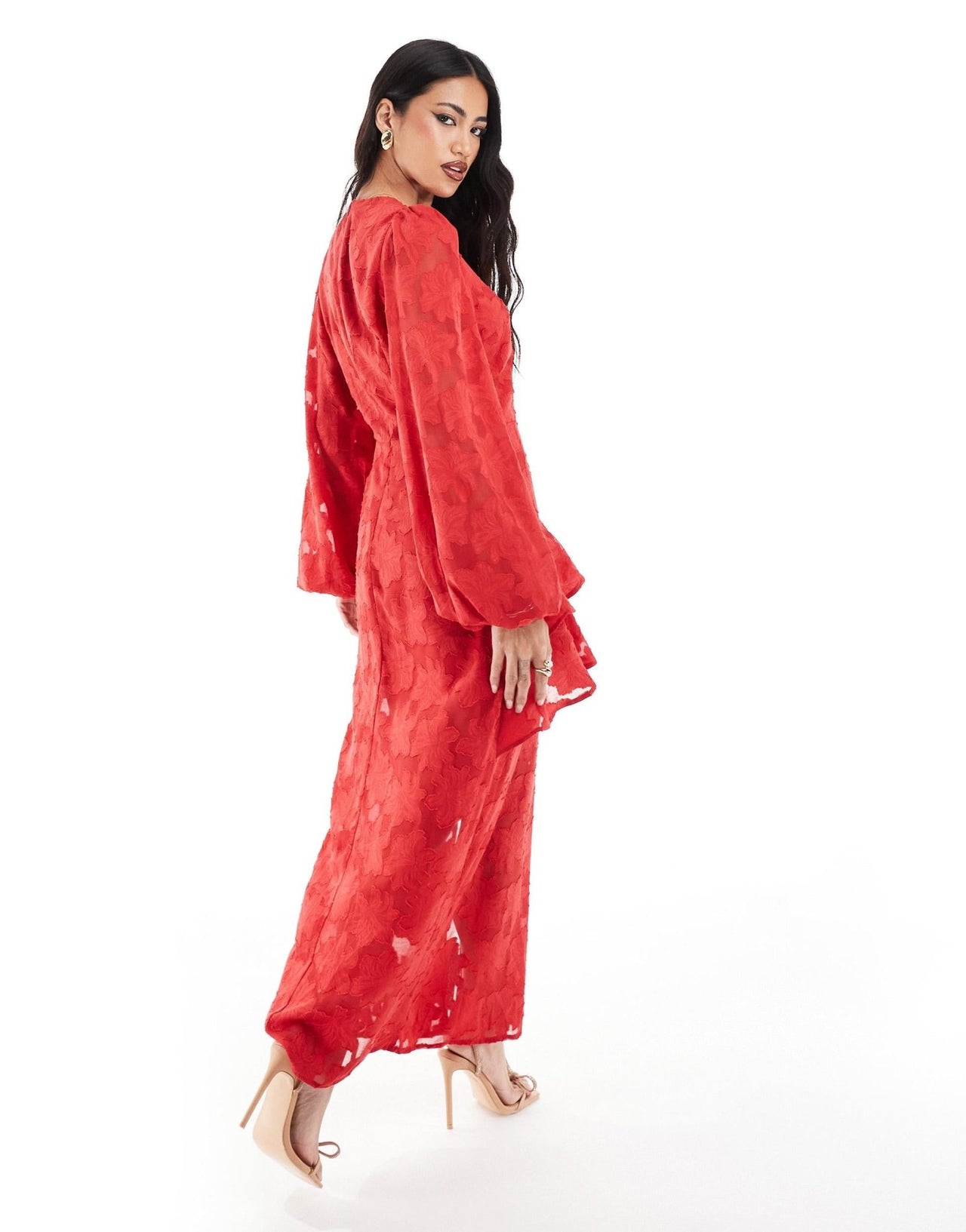 In The Style x Perrie Sian wrap asymmetric ruffle maxi dress in red jacquard - ASOS Sample Sale