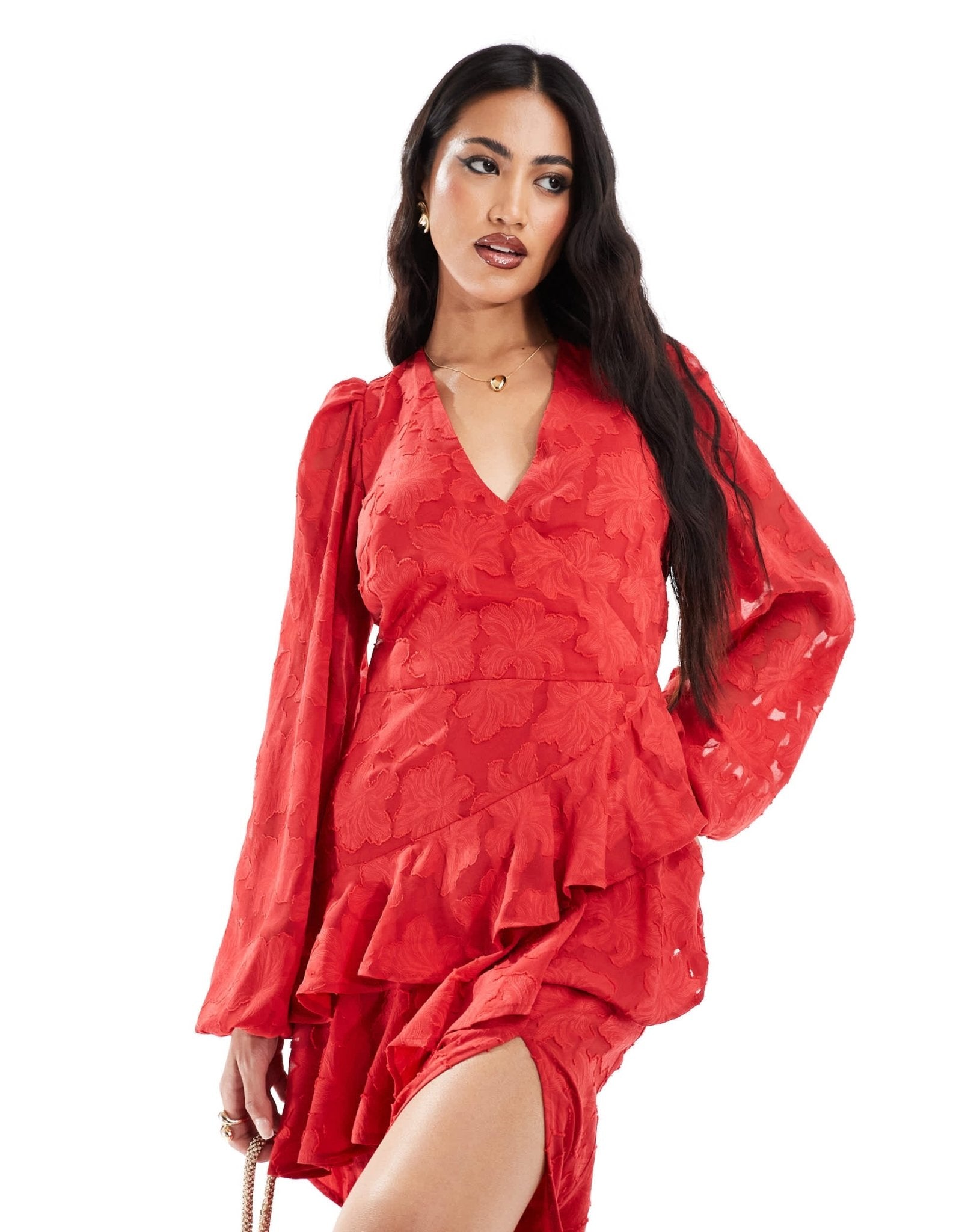 In The Style x Perrie Sian wrap asymmetric ruffle maxi dress in red jacquard - ASOS Sample Sale