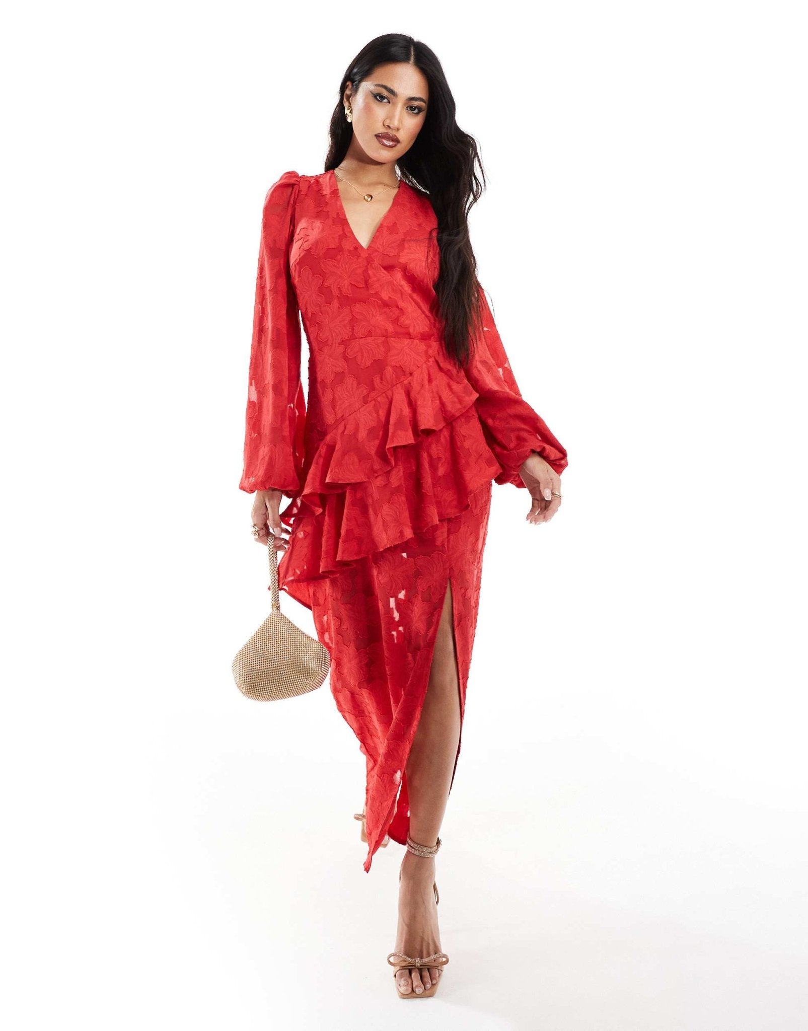 In The Style x Perrie Sian wrap asymmetric ruffle maxi dress in red jacquard - ASOS Sample Sale