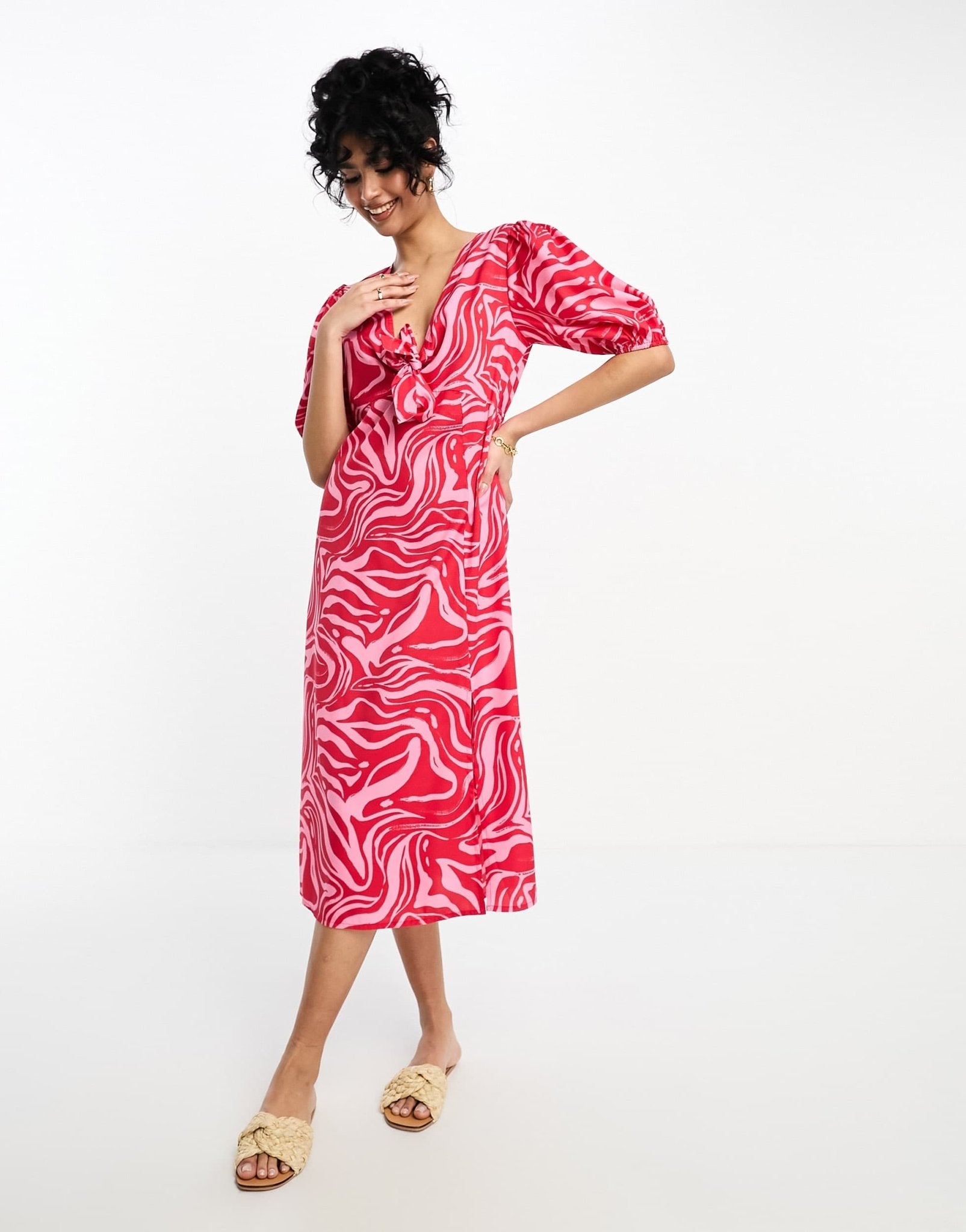 Influence tie front midi dress in red abstract print - ASOS Sample Sale