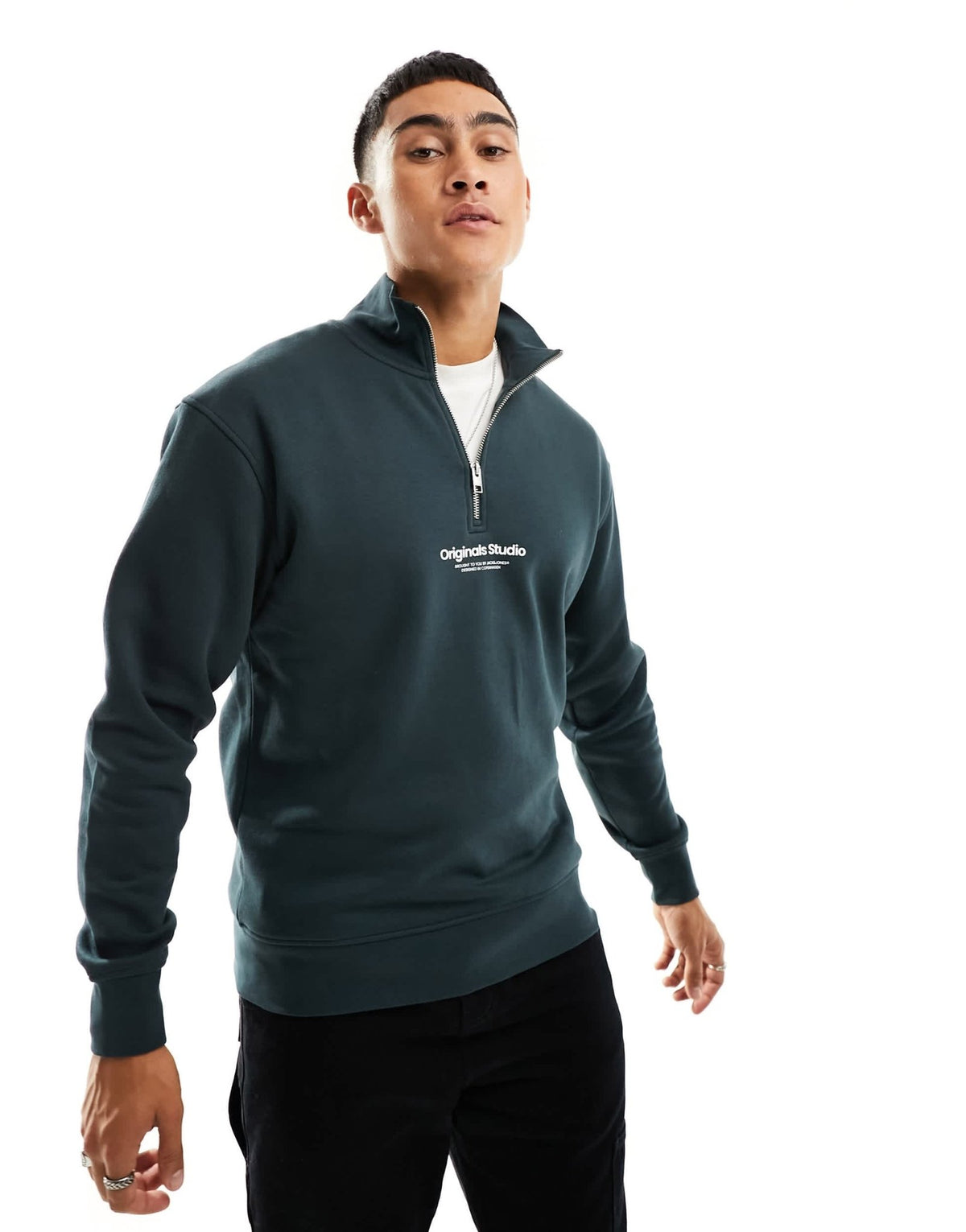 Jack & Jones 1/4 zip sweat with central logo in green - ASOS Sample Sale