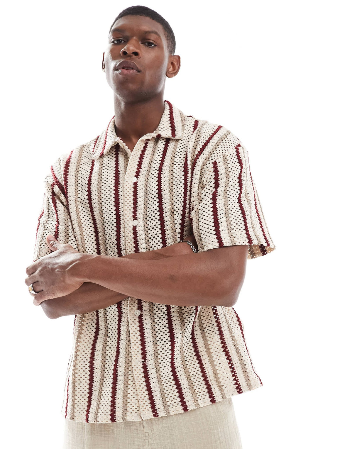 Jack & Jones crochet stripe shirt in beige - ASOS Sample Sale