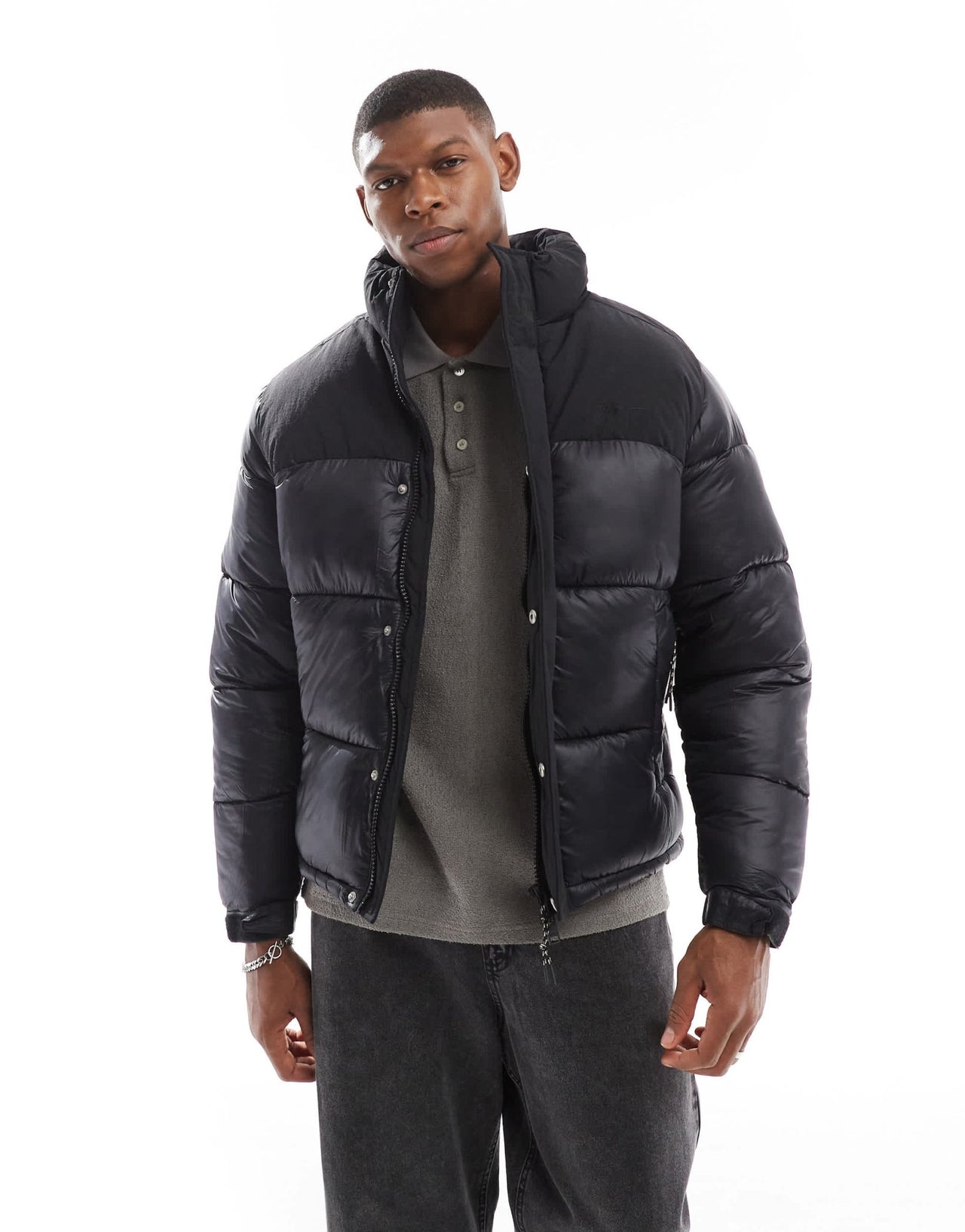 Jack & Jones high shine nylon block puffer jacket in black - ASOS Sample Sale