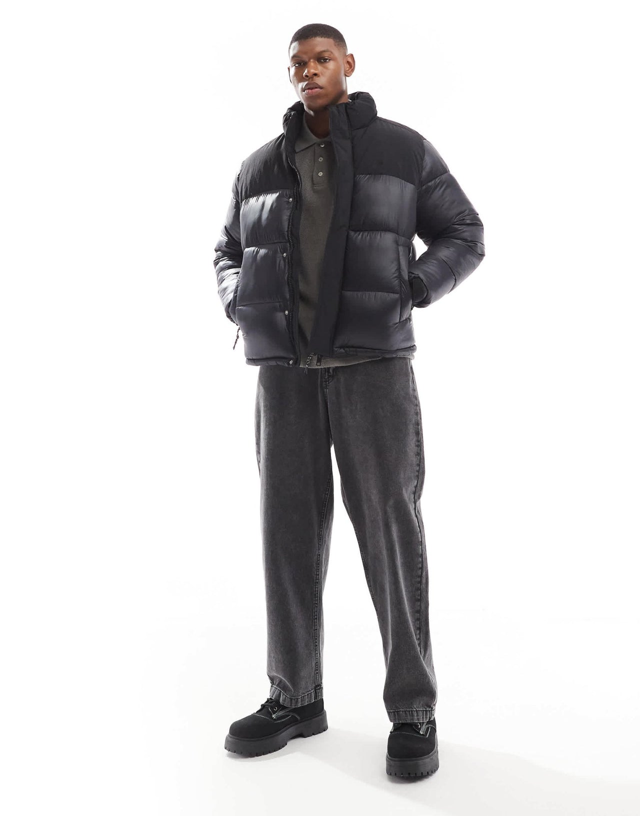 Jack & Jones high shine nylon block puffer jacket in black - ASOS Sample Sale